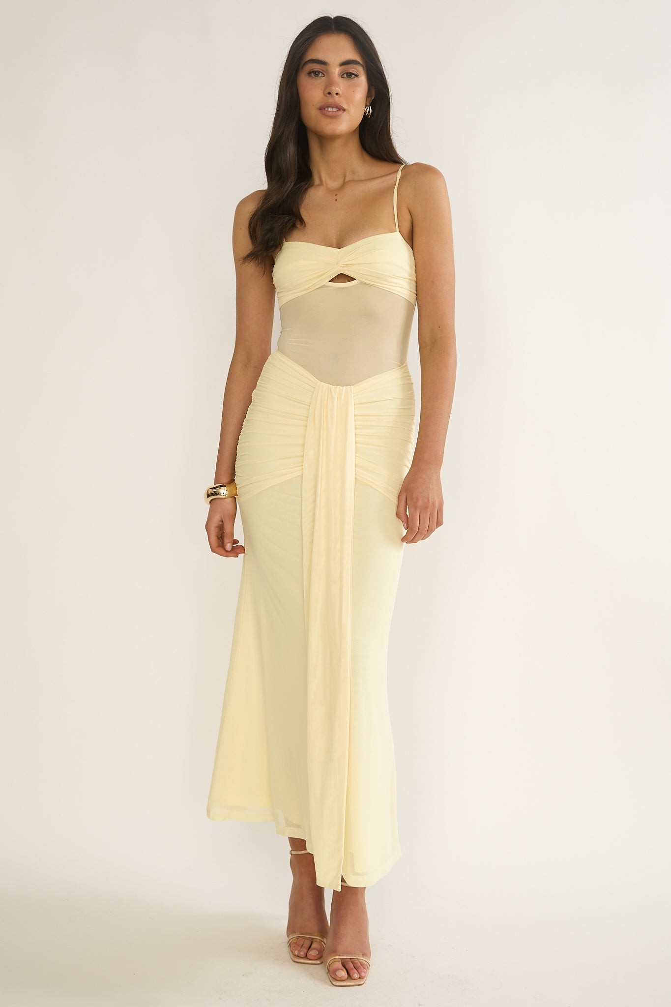 Kamilah Ruched Sheer Waist Maxi Dress Yellow-Maymioy