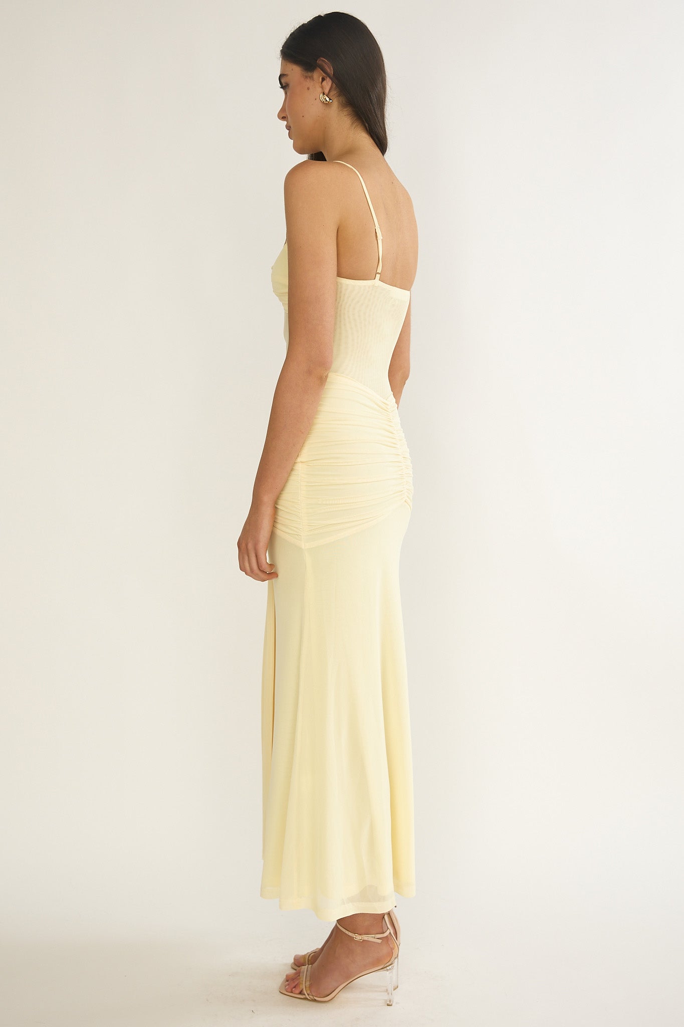 Kamilah Ruched Sheer Waist Maxi Dress Yellow-Maymioy