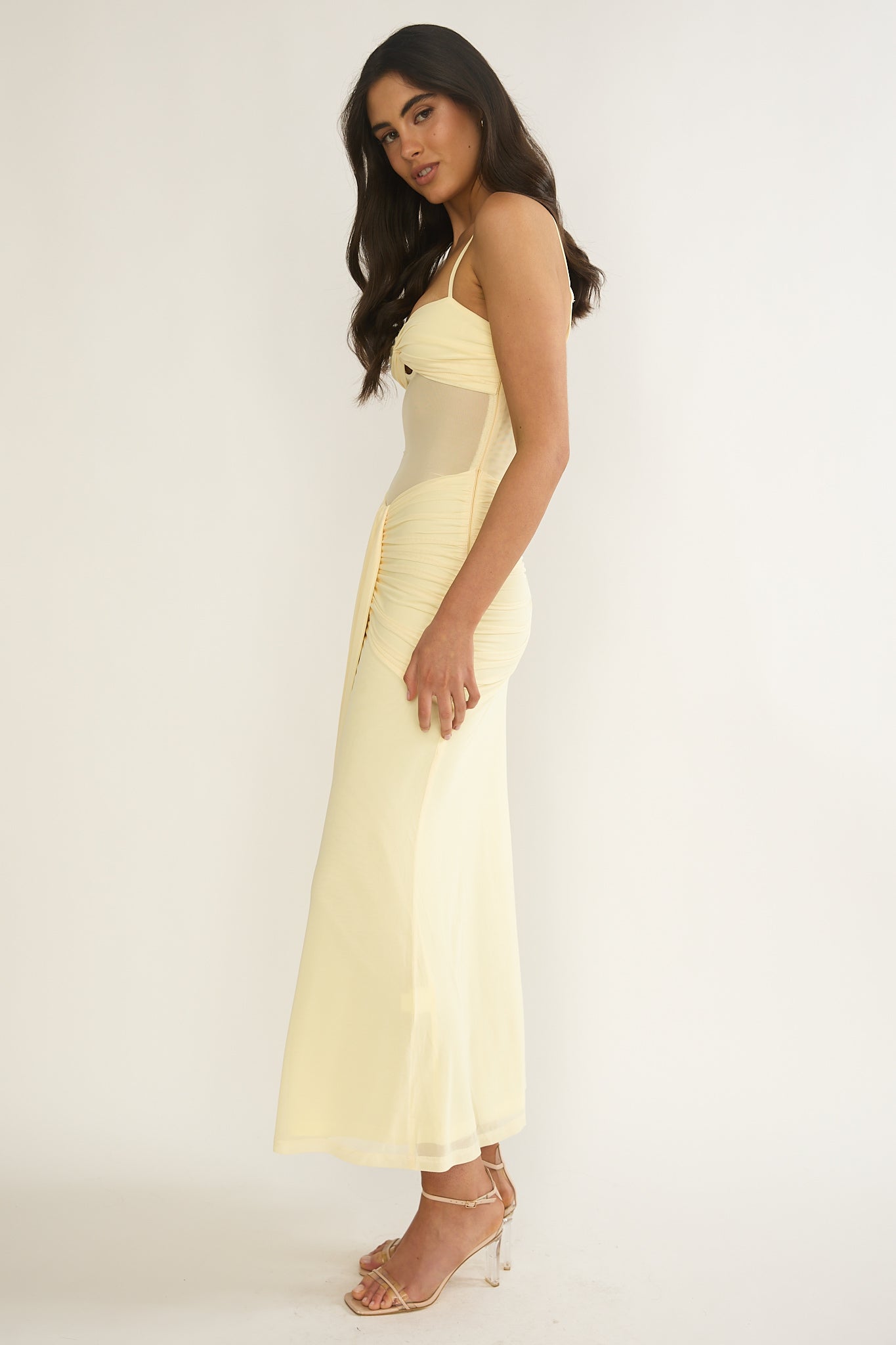 Kamilah Ruched Sheer Waist Maxi Dress Yellow-Maymioy