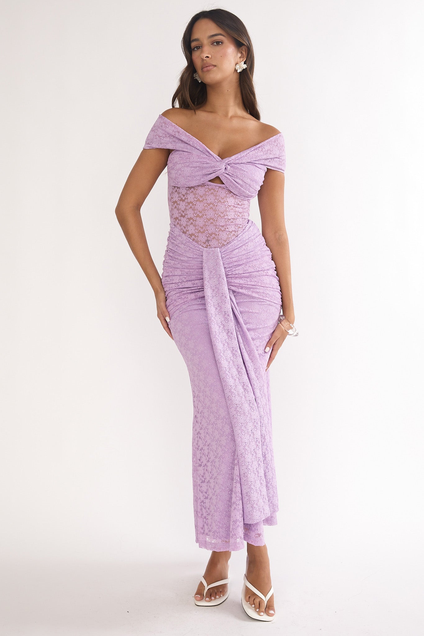 Kamilah Ruched Lace Maxi Dress Lilac-Maymioy