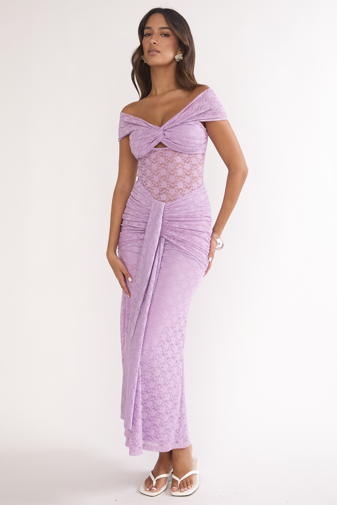 Kamilah Ruched Lace Maxi Dress Lilac-Maymioy