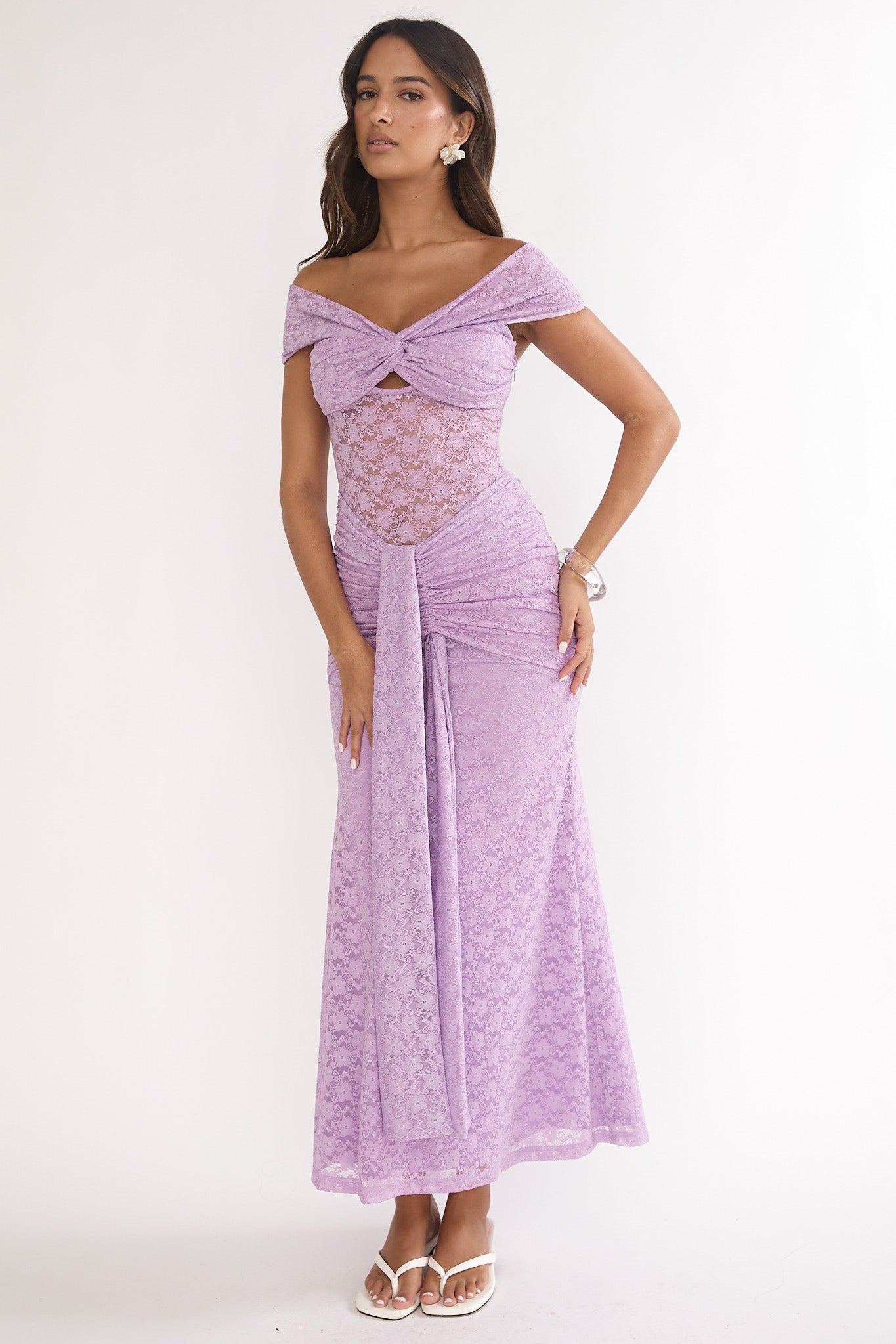 Kamilah Ruched Lace Maxi Dress Lilac-Maymioy
