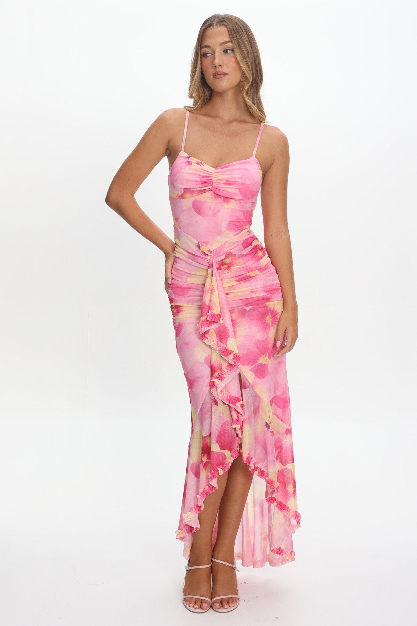 Kamilah Ruched Waist Ruffle Maxi Dress Print Pink-Maymioy
