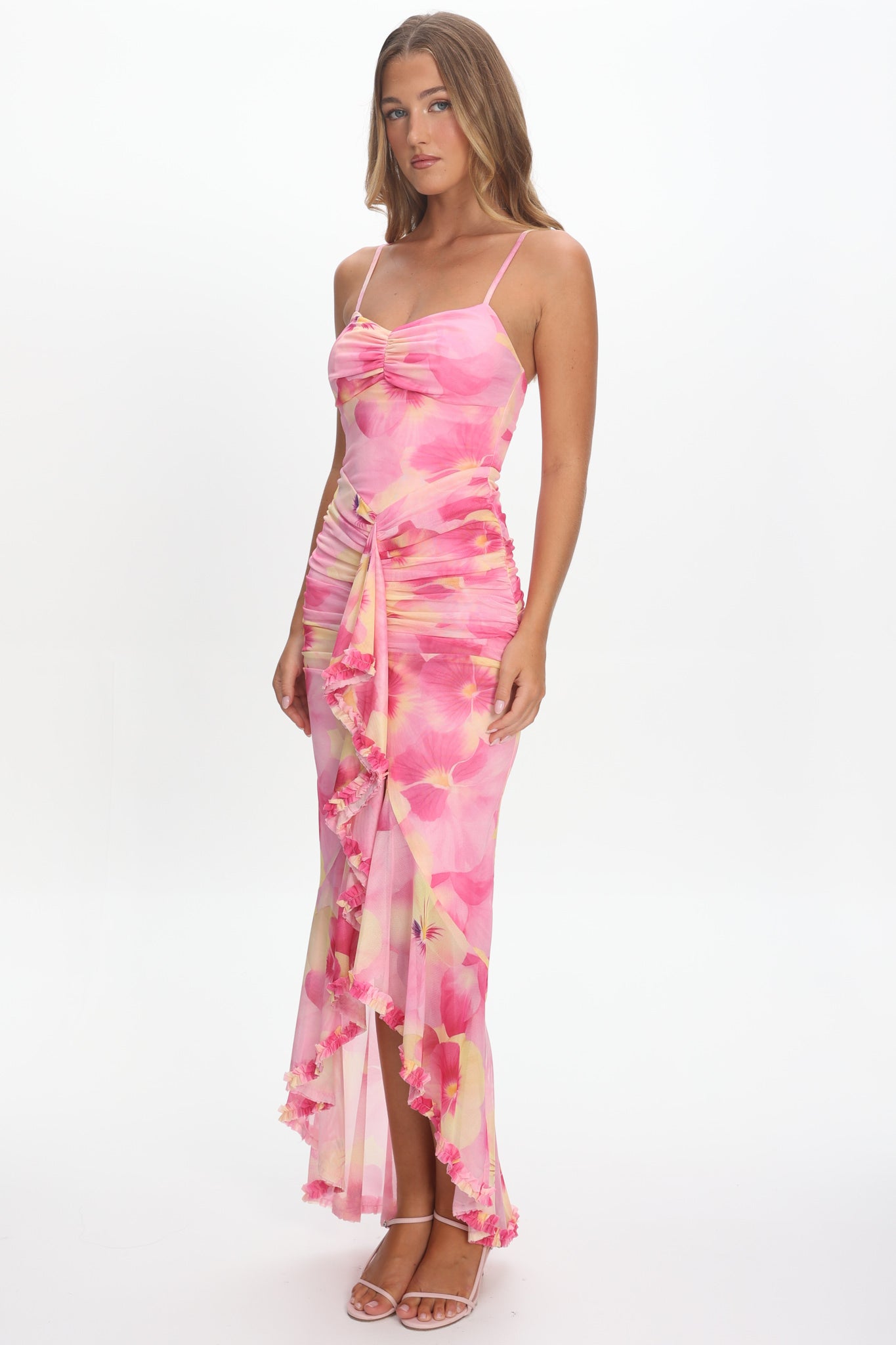 Kamilah Ruched Waist Ruffle Maxi Dress Print Pink-Maymioy
