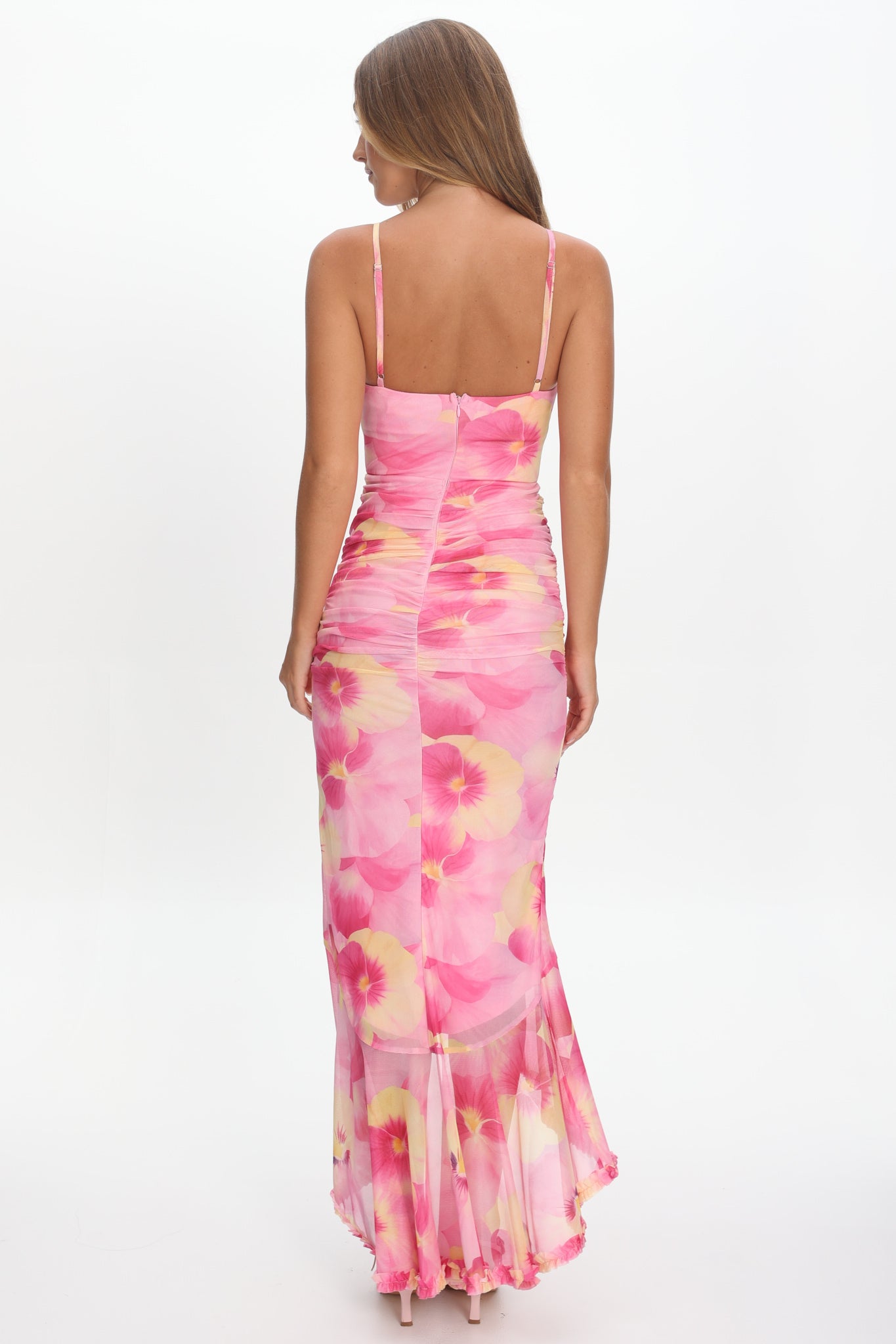 Kamilah Ruched Waist Ruffle Maxi Dress Print Pink-Maymioy