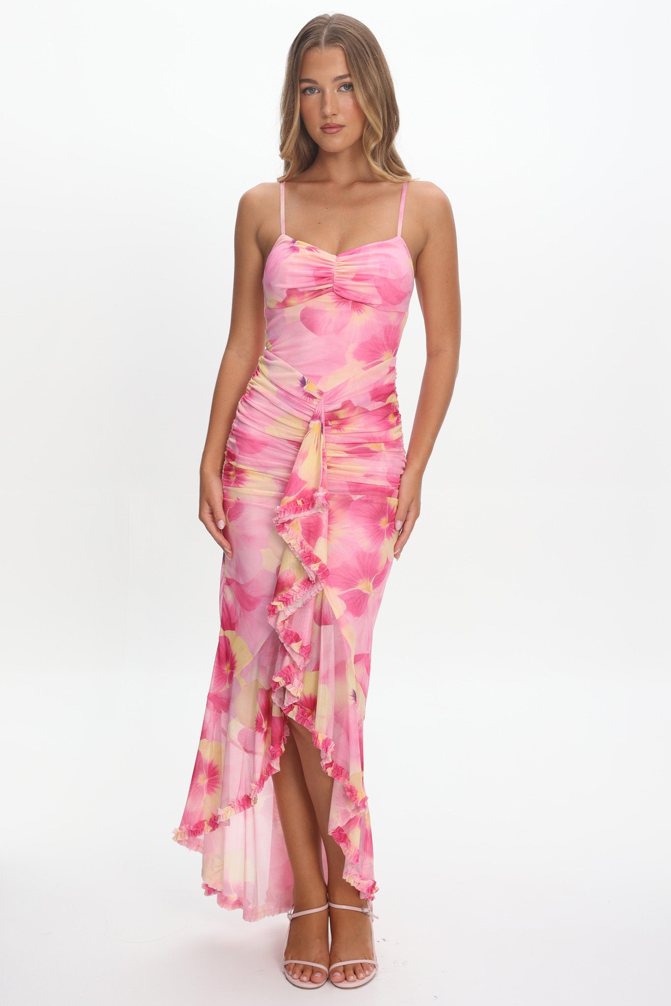 Kamilah Ruched Waist Ruffle Maxi Dress Print Pink-Maymioy