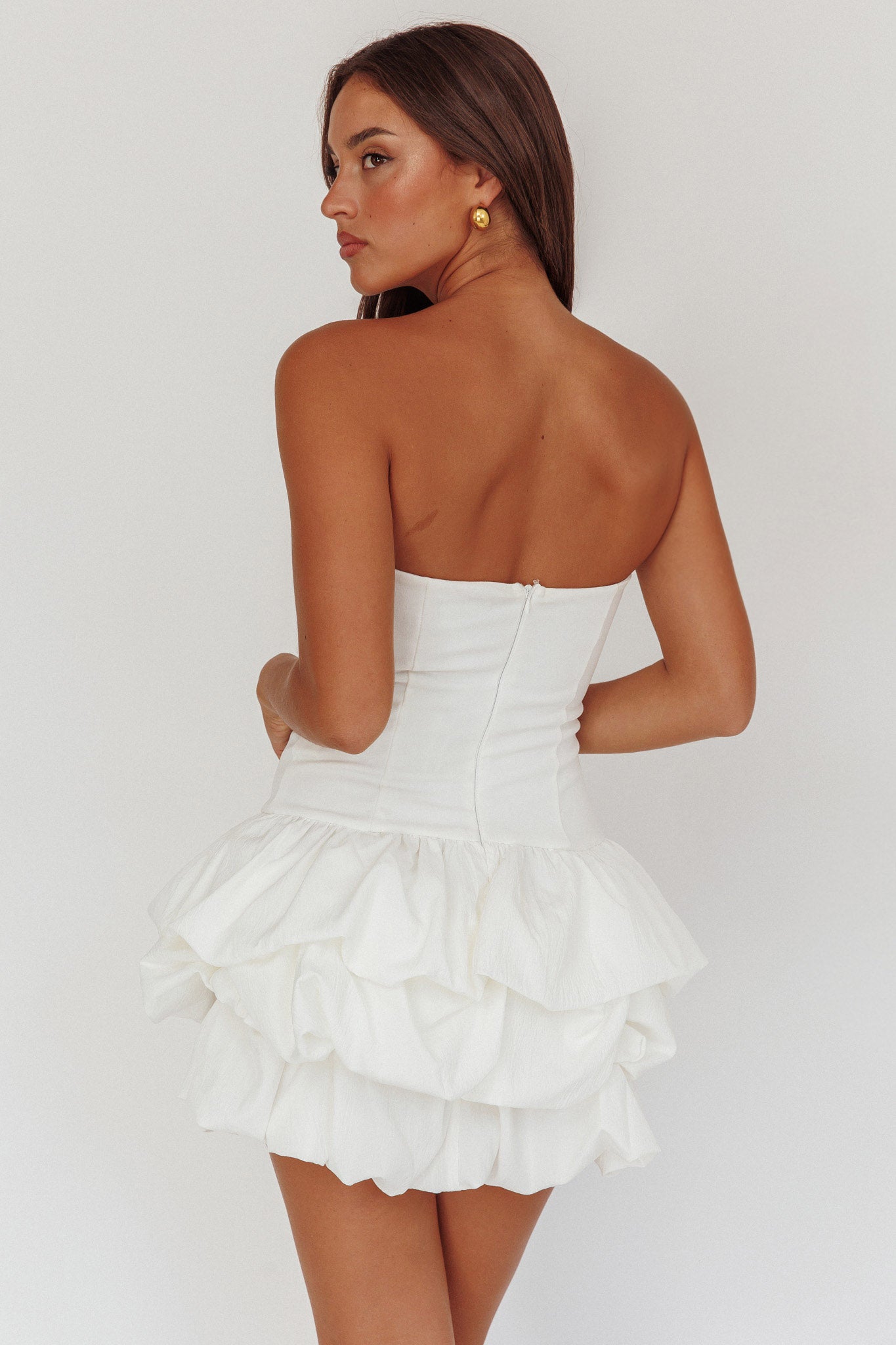 Nefiti Strapless Layered Bubble Hem Dress White-Maymioy