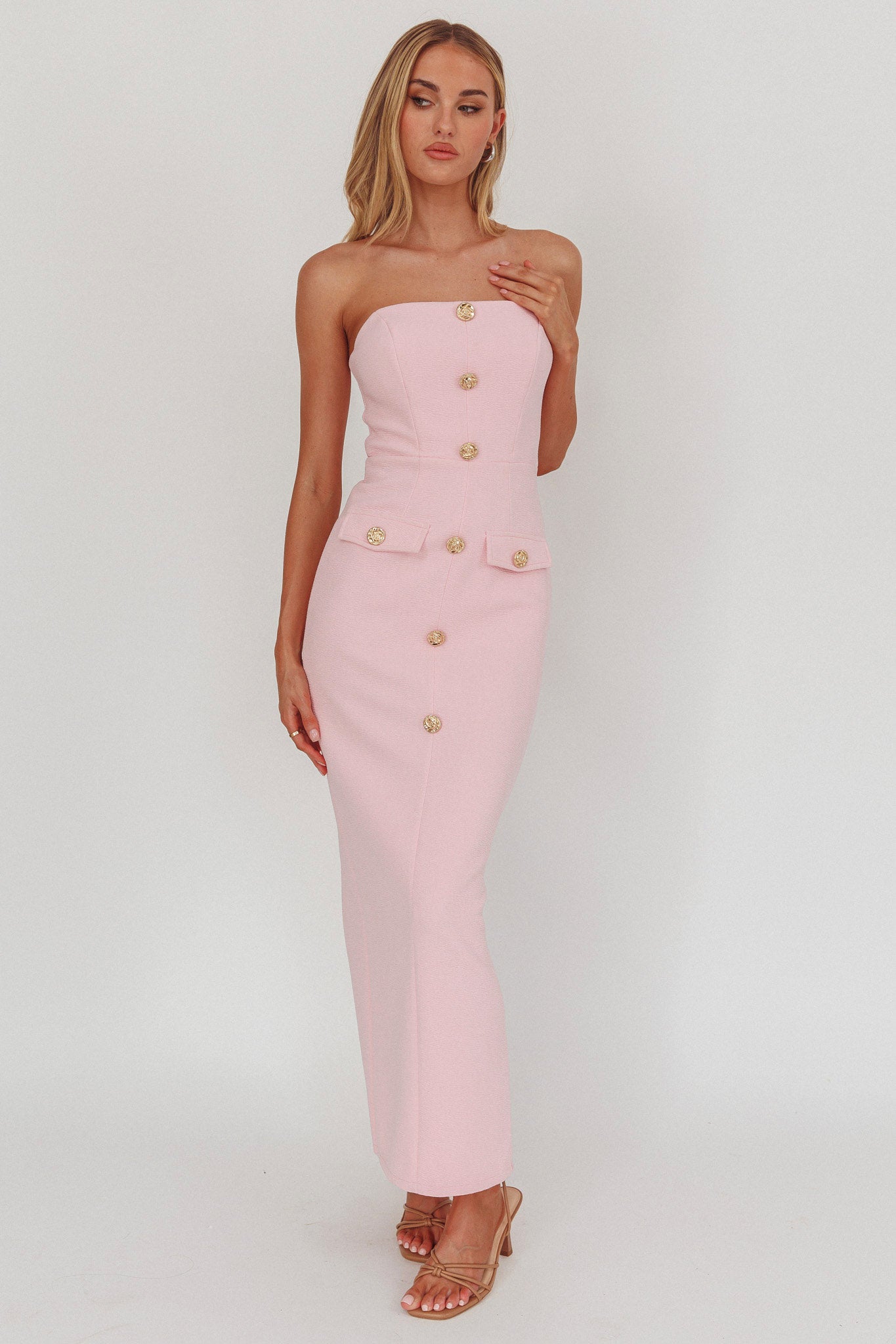 She Is Button Front Strapless Maxi Dress Pink-Maymioy