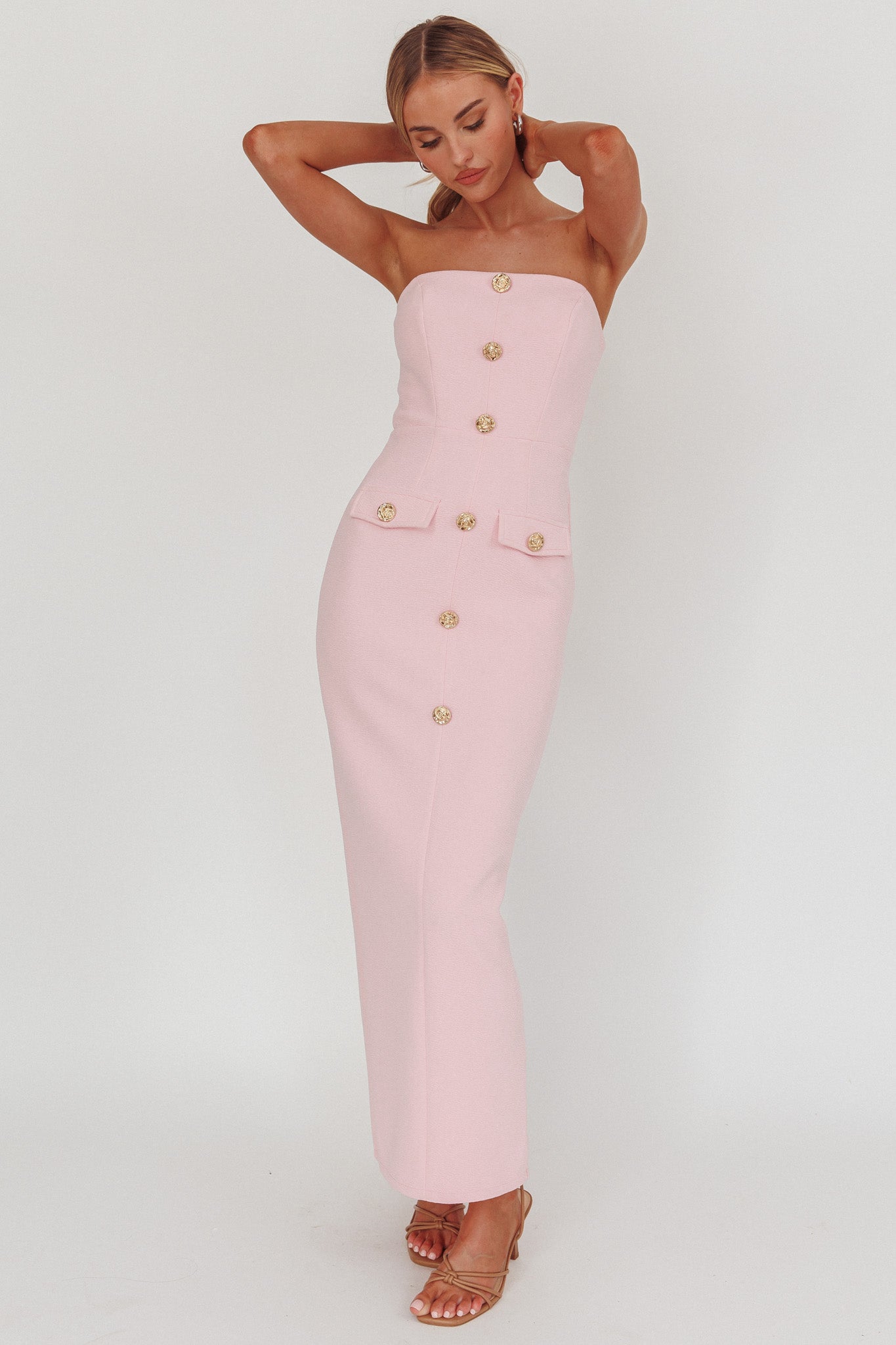 She Is Button Front Strapless Maxi Dress Pink-Maymioy