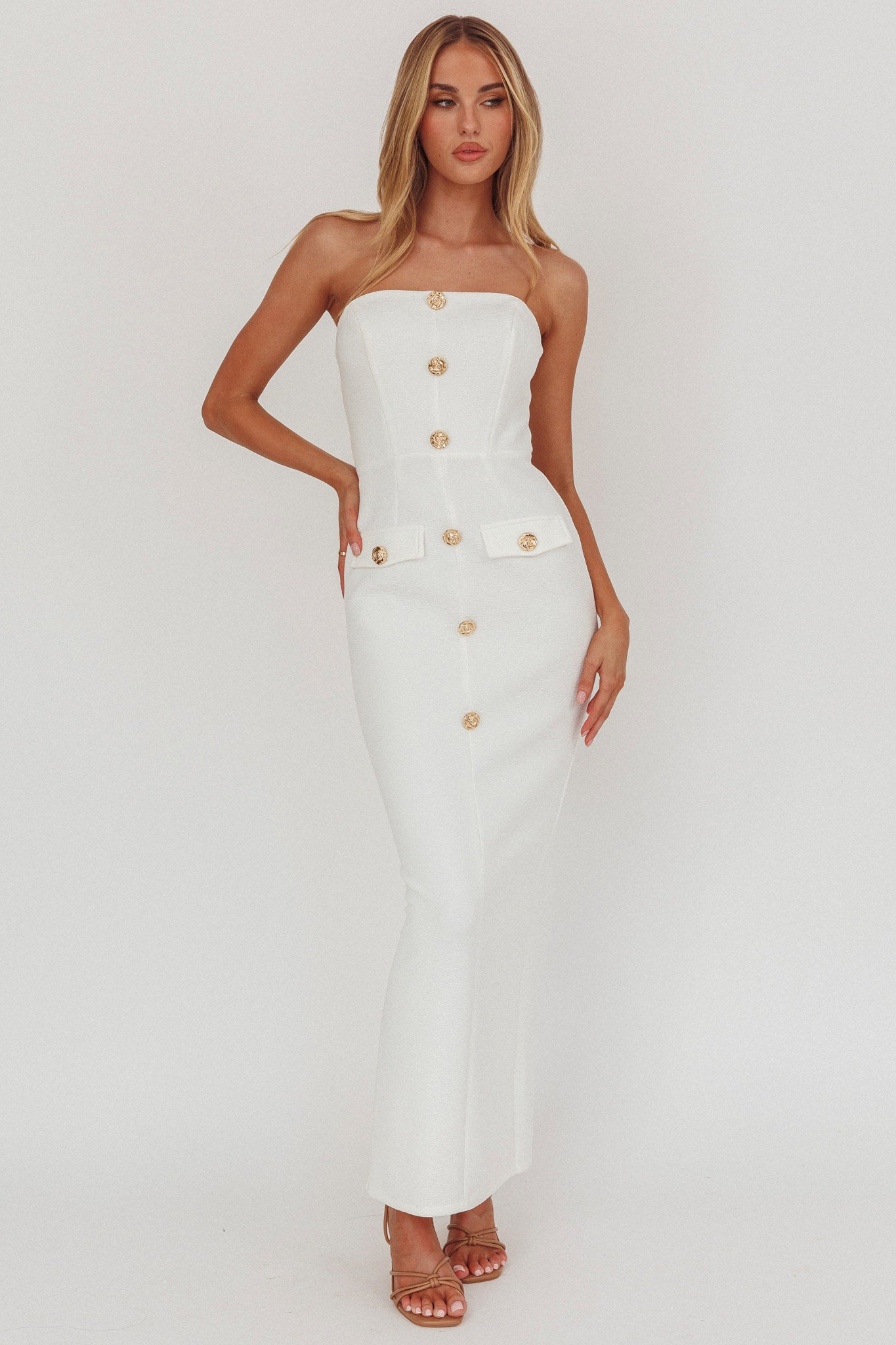 She Is Button Front Strapless Maxi Dress White-Maymioy