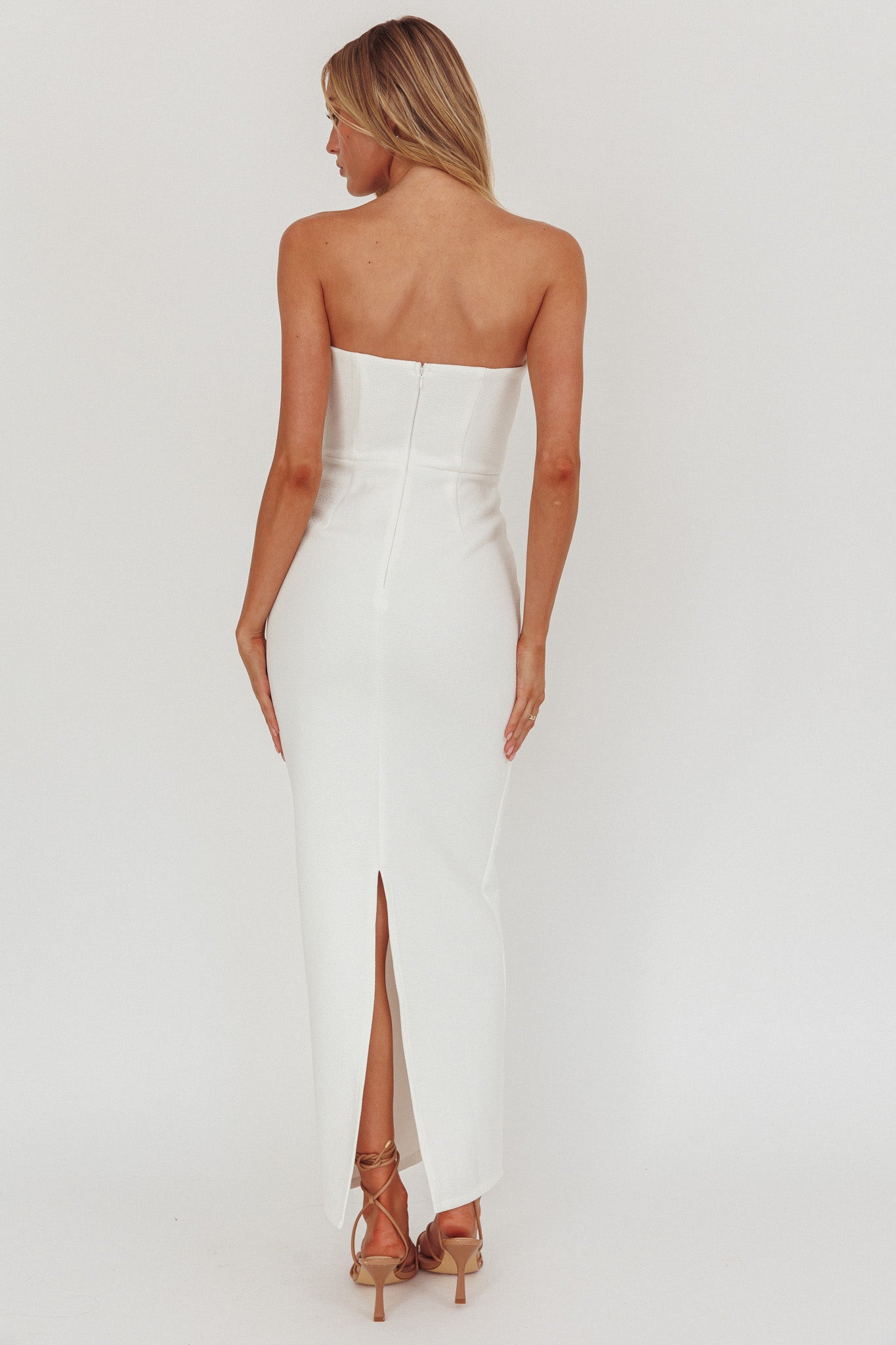 She Is Button Front Strapless Maxi Dress White-Maymioy