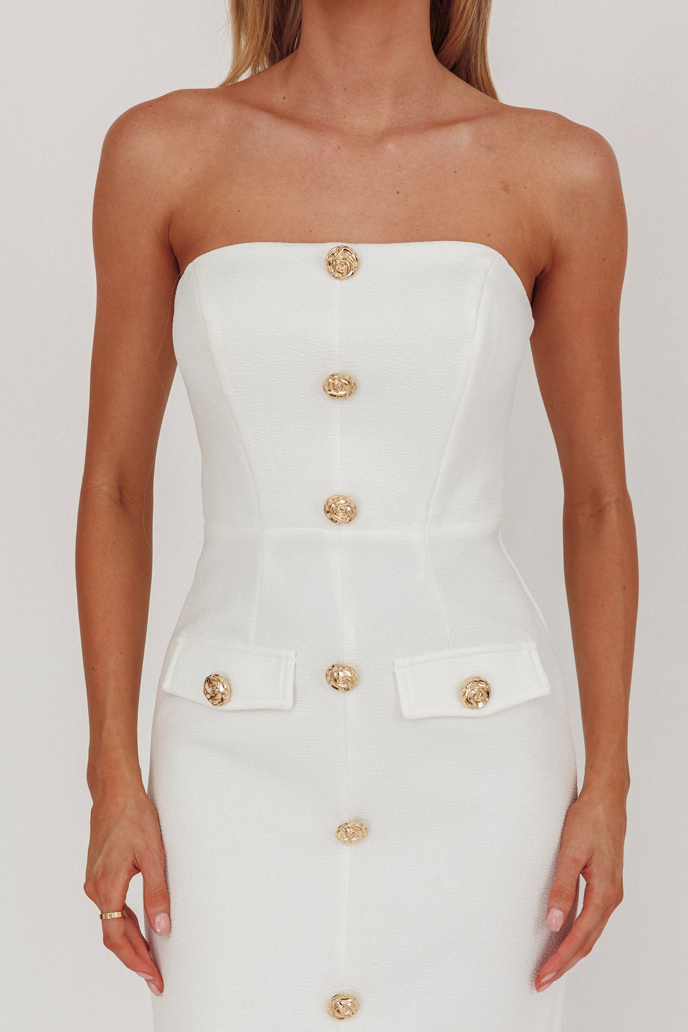 She Is Button Front Strapless Maxi Dress White-Maymioy