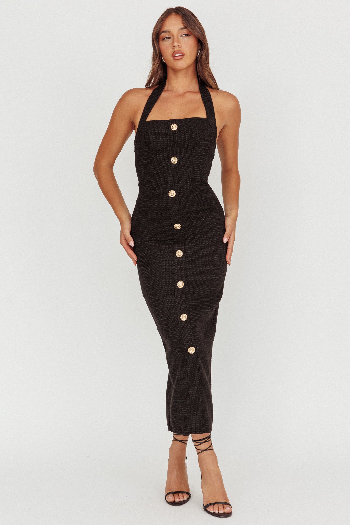 She Is Button Front Halter Midi Dress Tweed Black-Maymioy