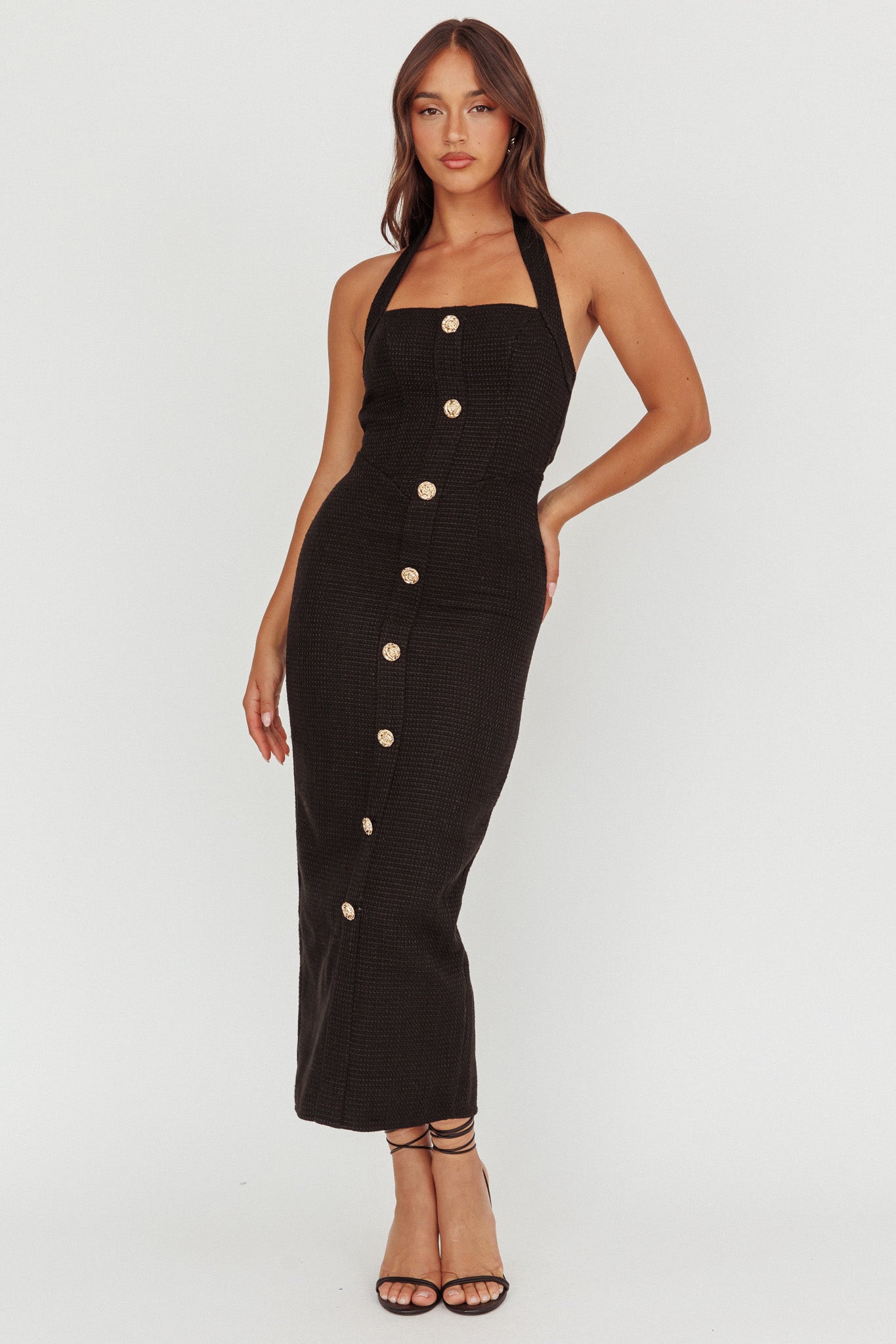 She Is Button Front Halter Midi Dress Tweed Black-Maymioy