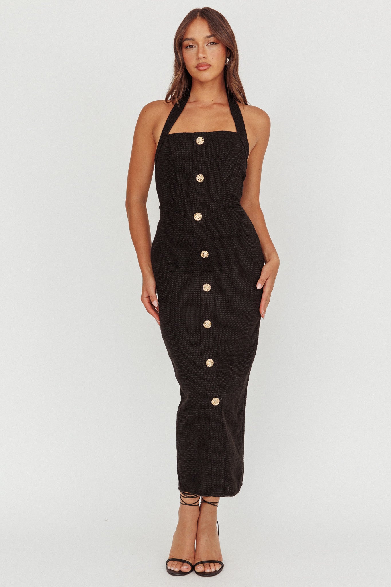 She Is Button Front Halter Midi Dress Tweed Black-Maymioy