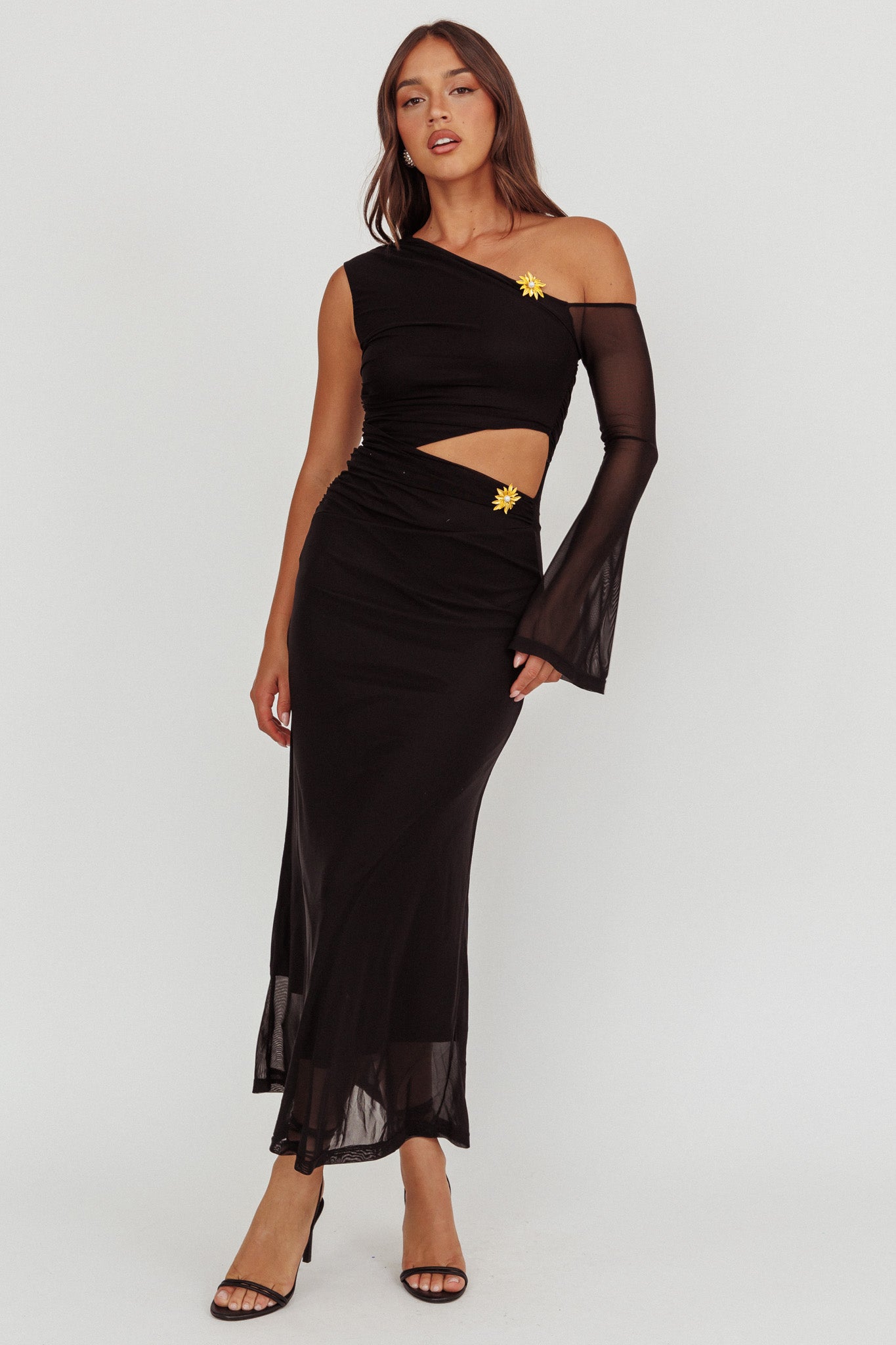 Prima One Shoulder Cut-Out Maxi Dress Black-Maymioy