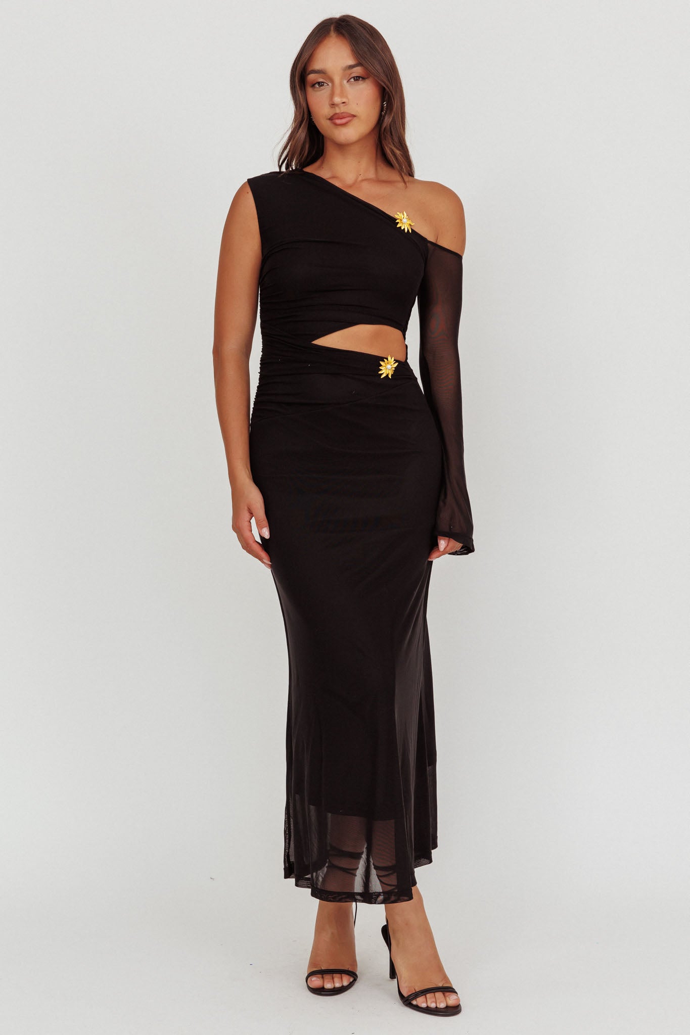 Prima One Shoulder Cut-Out Maxi Dress Black-Maymioy