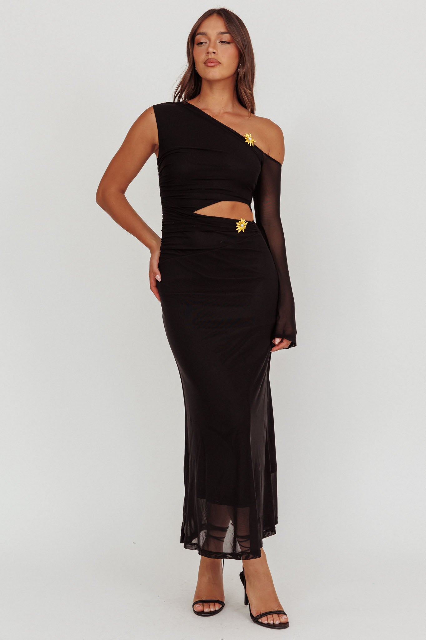 Prima One Shoulder Cut-Out Maxi Dress Black-Maymioy