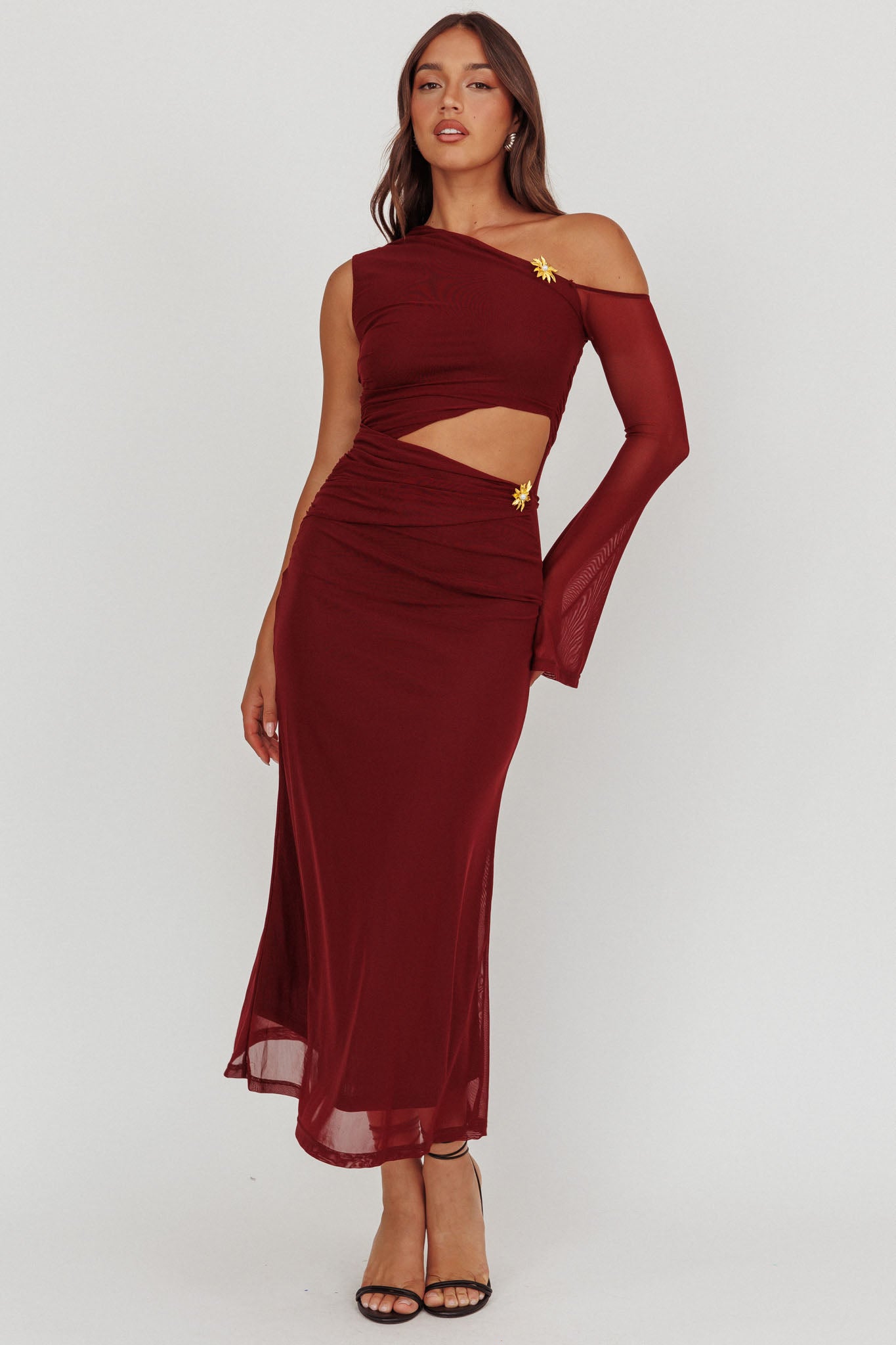 Prima One Shoulder Cut-Out Maxi Dress Wine-Maymioy