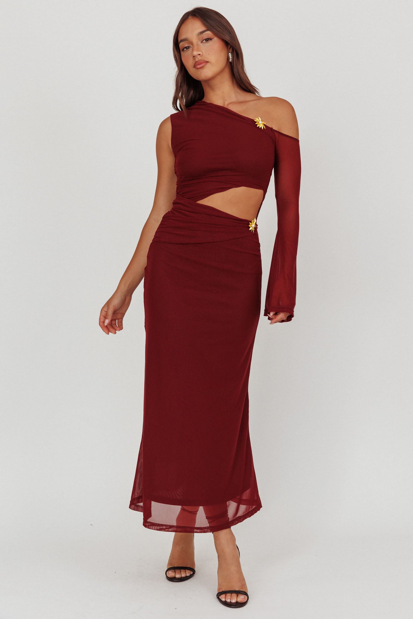 Prima One Shoulder Cut-Out Maxi Dress Wine-Maymioy