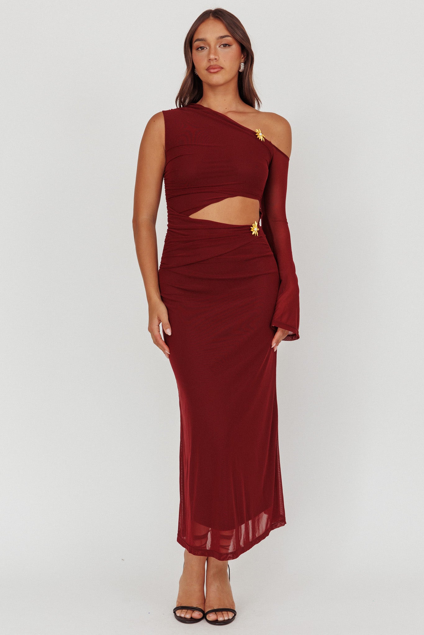 Prima One Shoulder Cut-Out Maxi Dress Wine-Maymioy