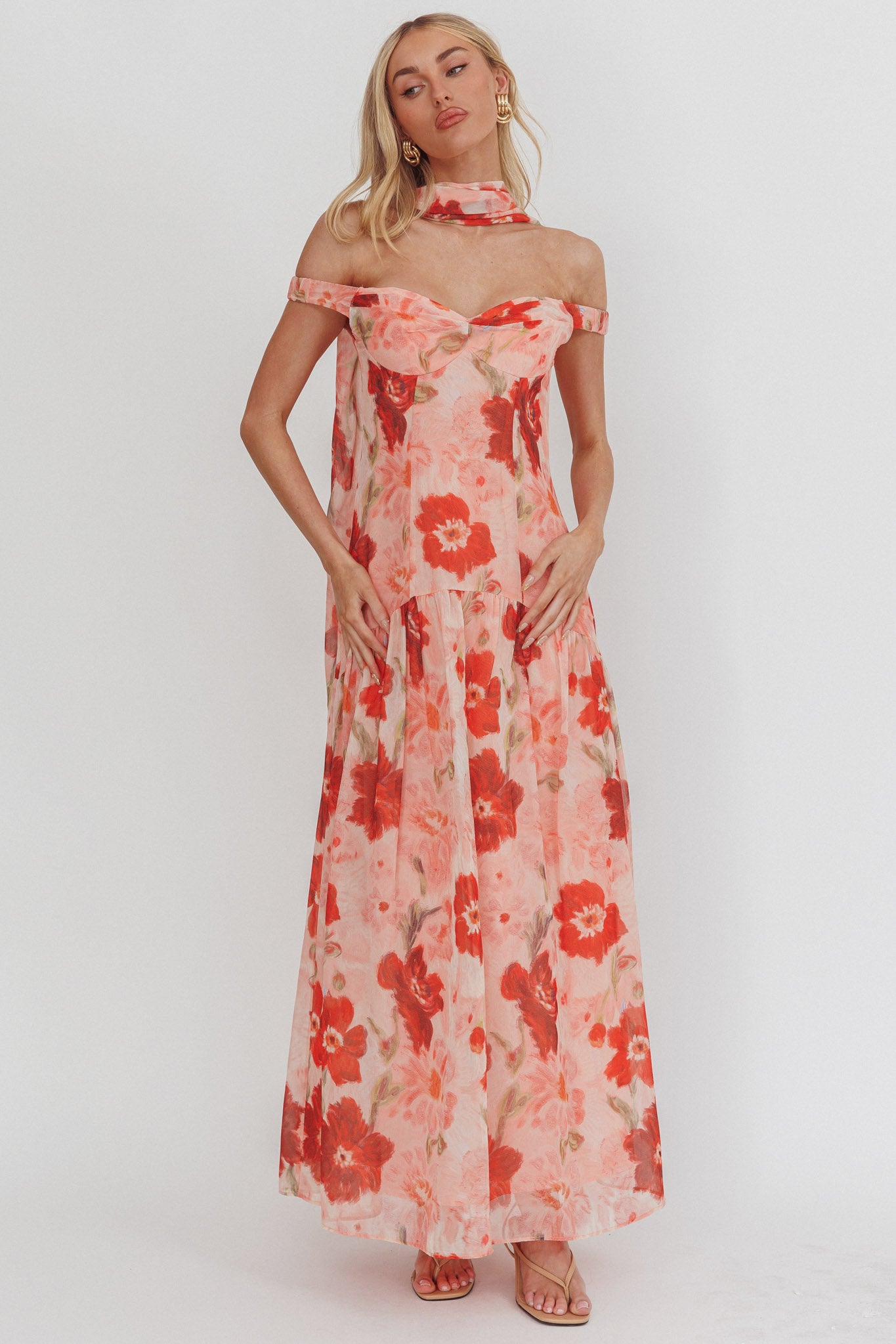 Kaycee Drop Waist Maxi Dress Floral Red-Maymioy