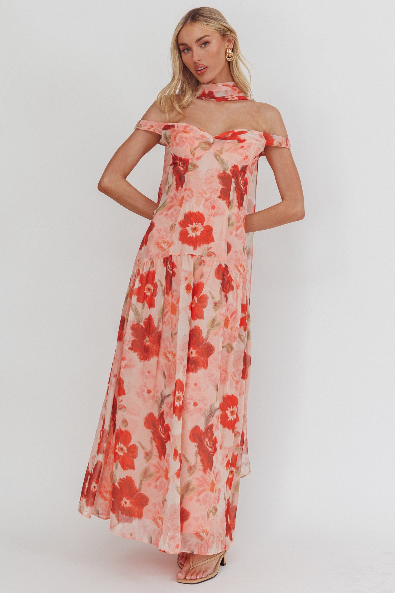 Kaycee Drop Waist Maxi Dress Floral Red-Maymioy