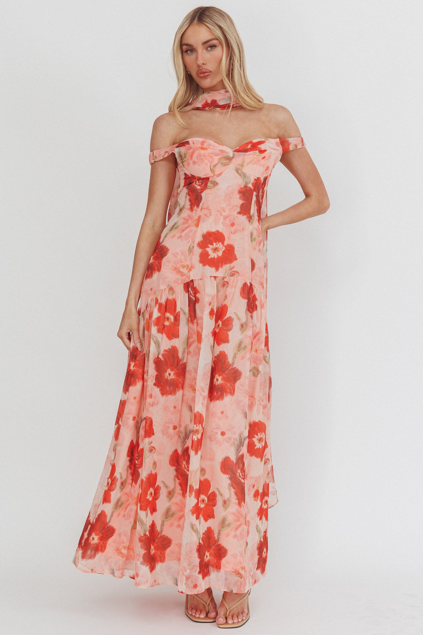 Kaycee Drop Waist Maxi Dress Floral Red-Maymioy