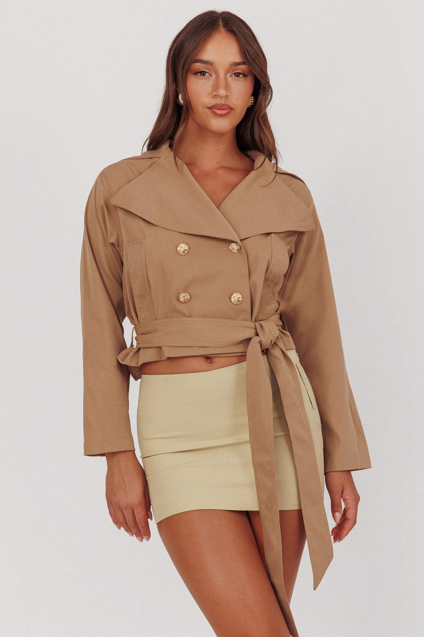 Envision Crop Waist Tie Jacket Tan-Maymioy