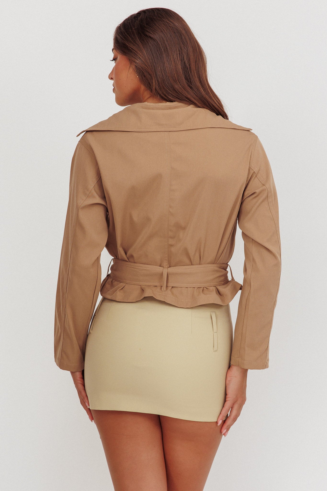 Envision Crop Waist Tie Jacket Tan-Maymioy