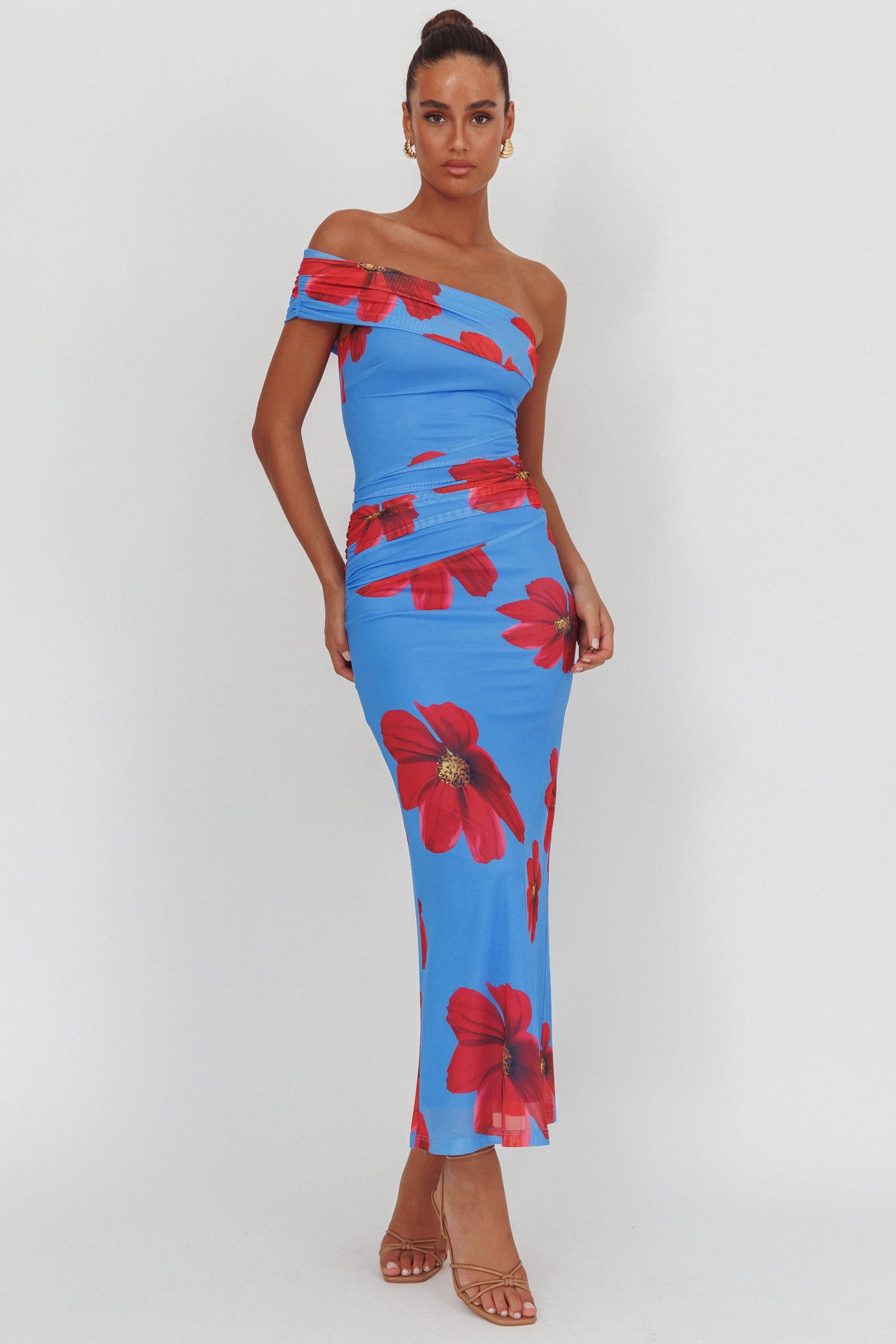 Gala One-Shoulder Maxi Dress Floral Blue-Maymioy