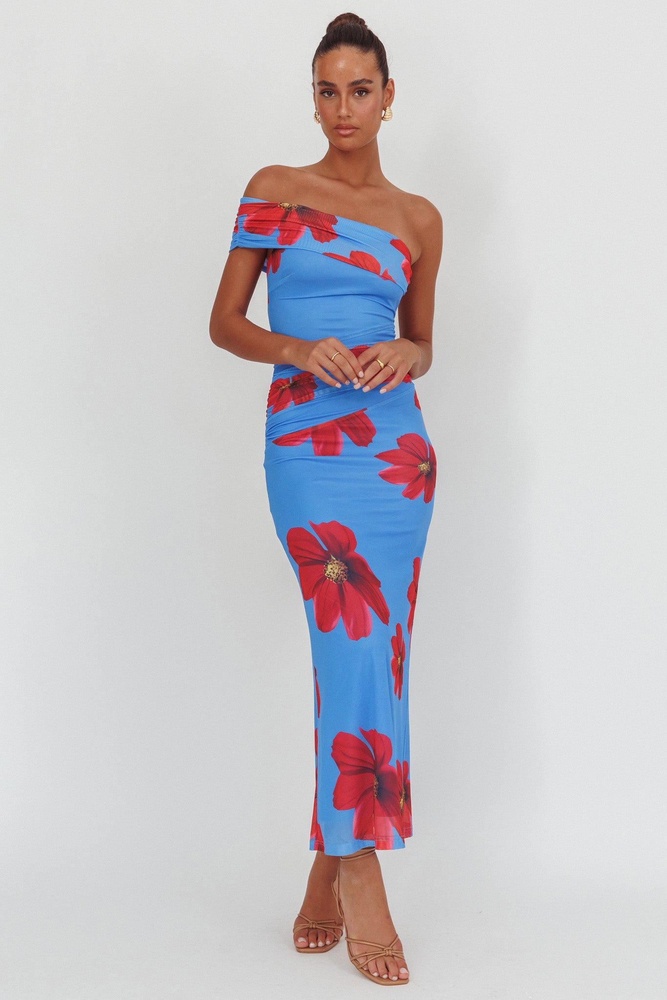 Gala One-Shoulder Maxi Dress Floral Blue-Maymioy