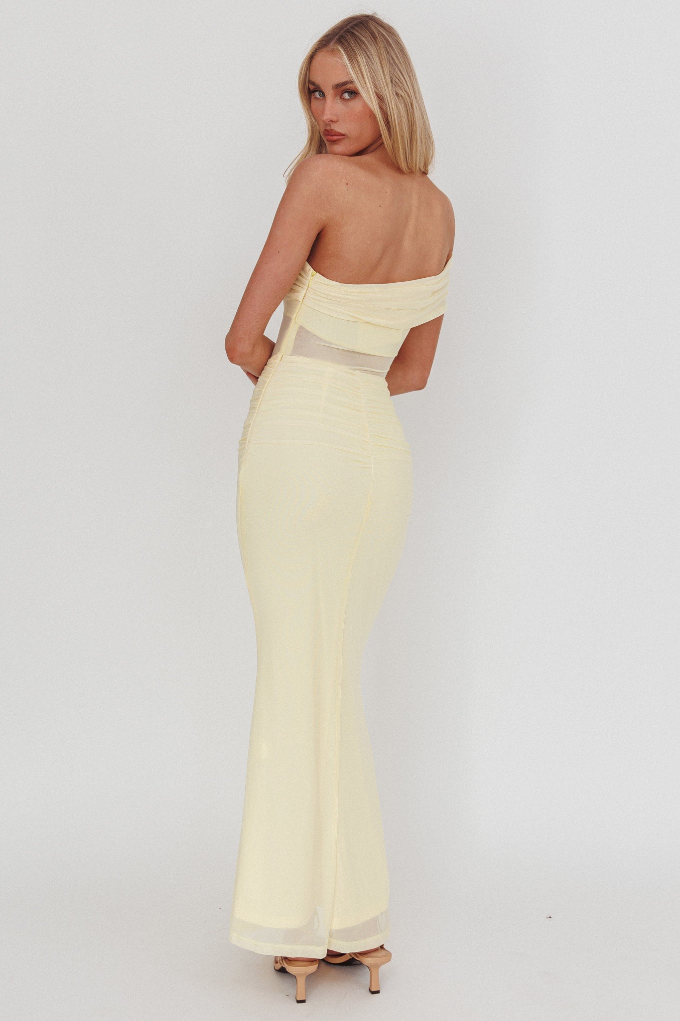 Gala One-Shoulder Sheer Waist Maxi Dress Yellow-Maymioy