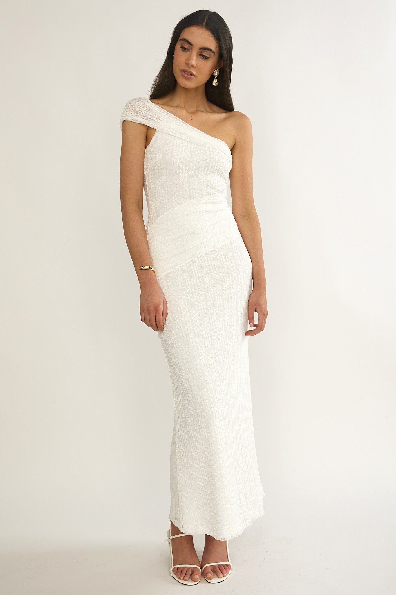 Gala One-Shoulder Textured Maxi Dress White-Maymioy