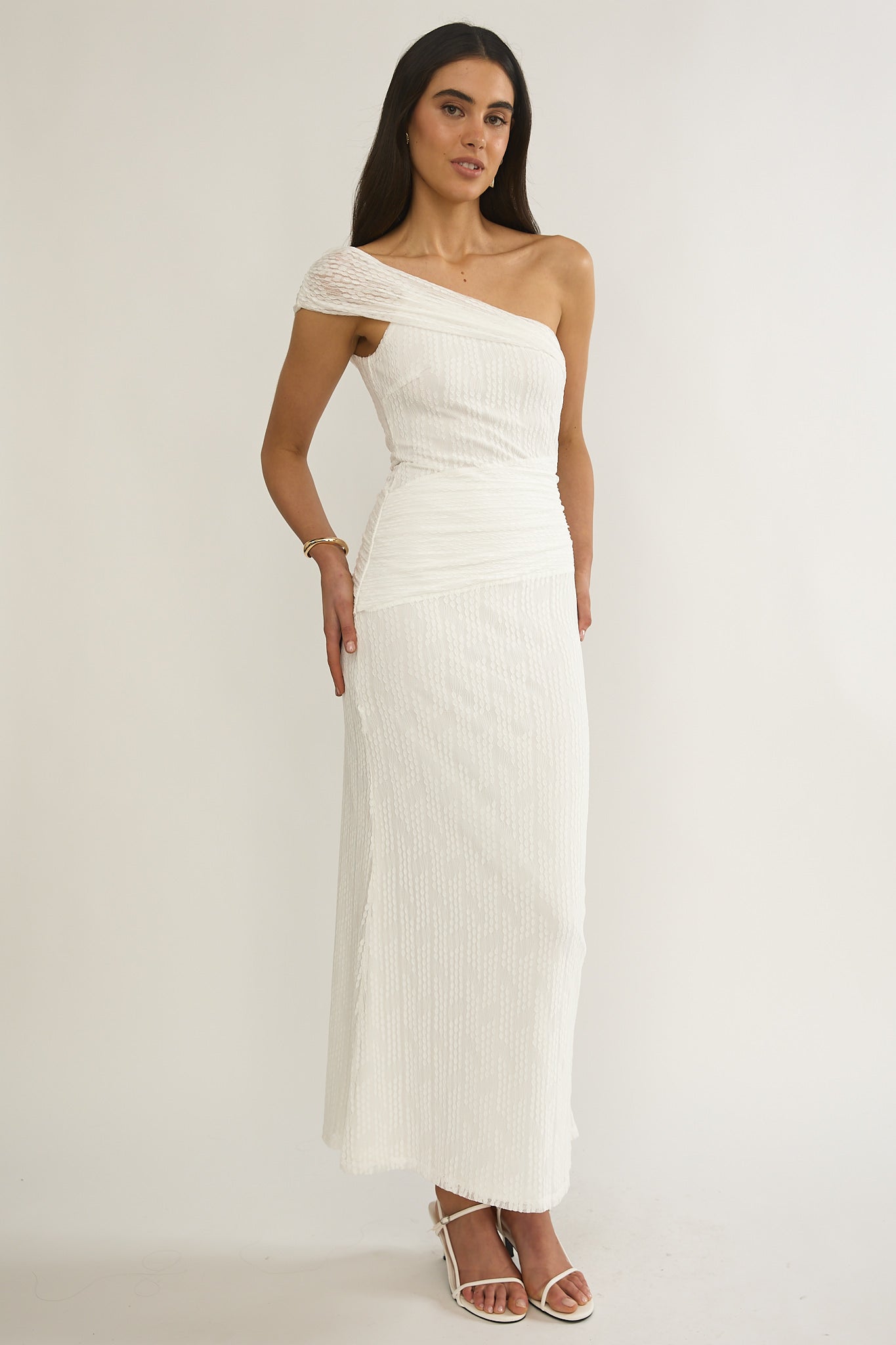 Gala One-Shoulder Textured Maxi Dress White-Maymioy