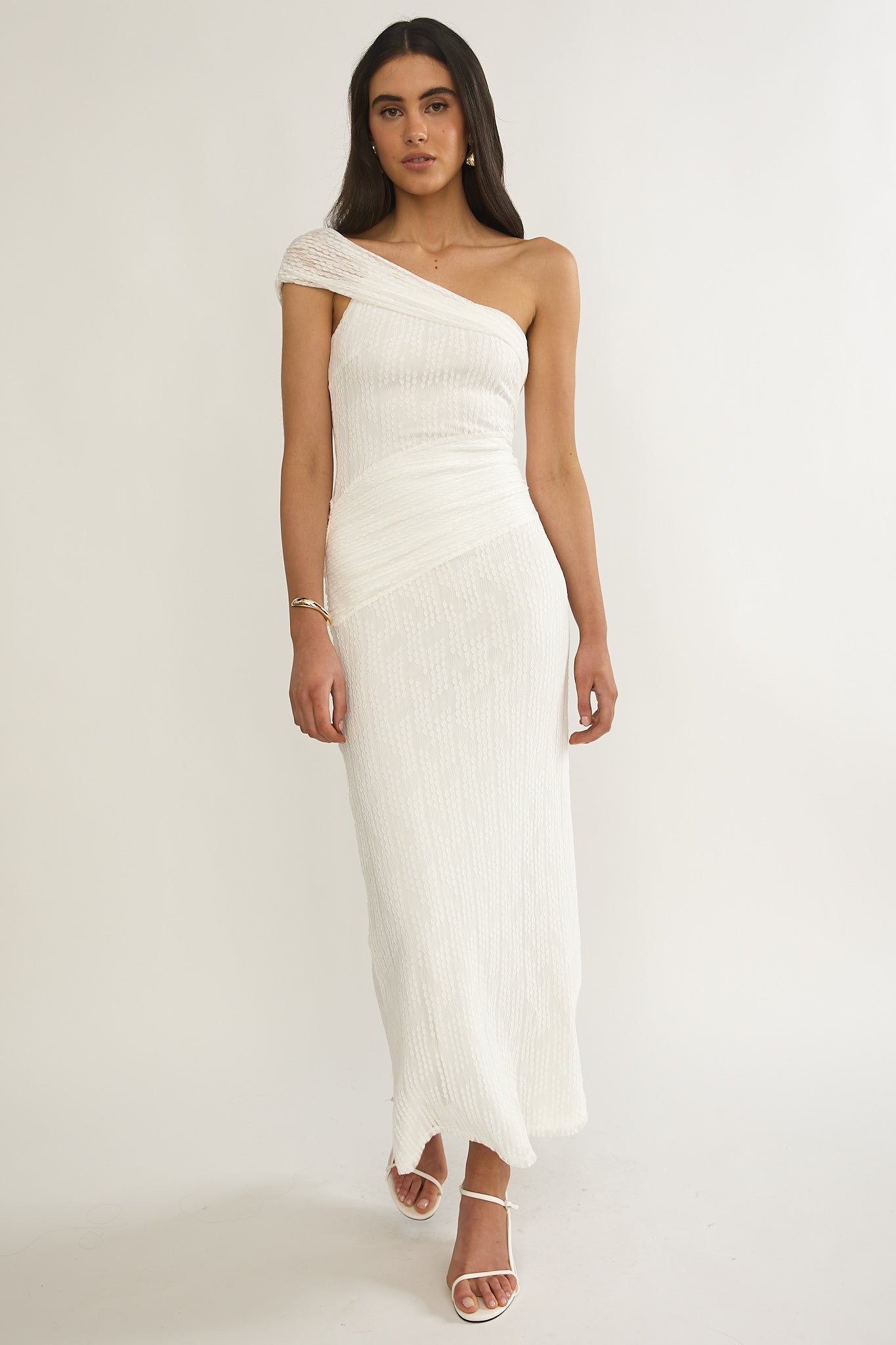 Gala One-Shoulder Textured Maxi Dress White-Maymioy