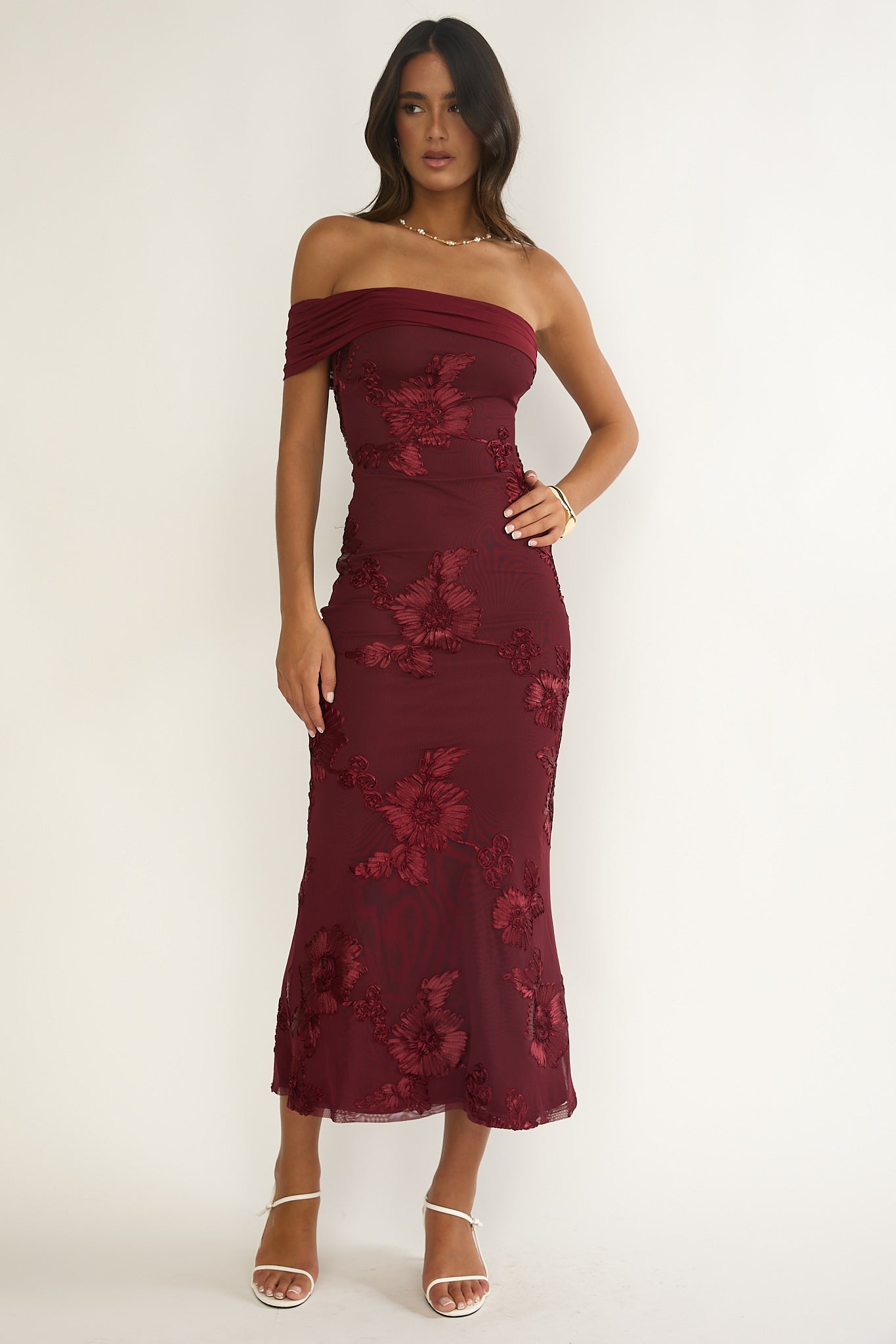 Gala One-Shoulder Maxi Dress Embellished Wine-Maymioy