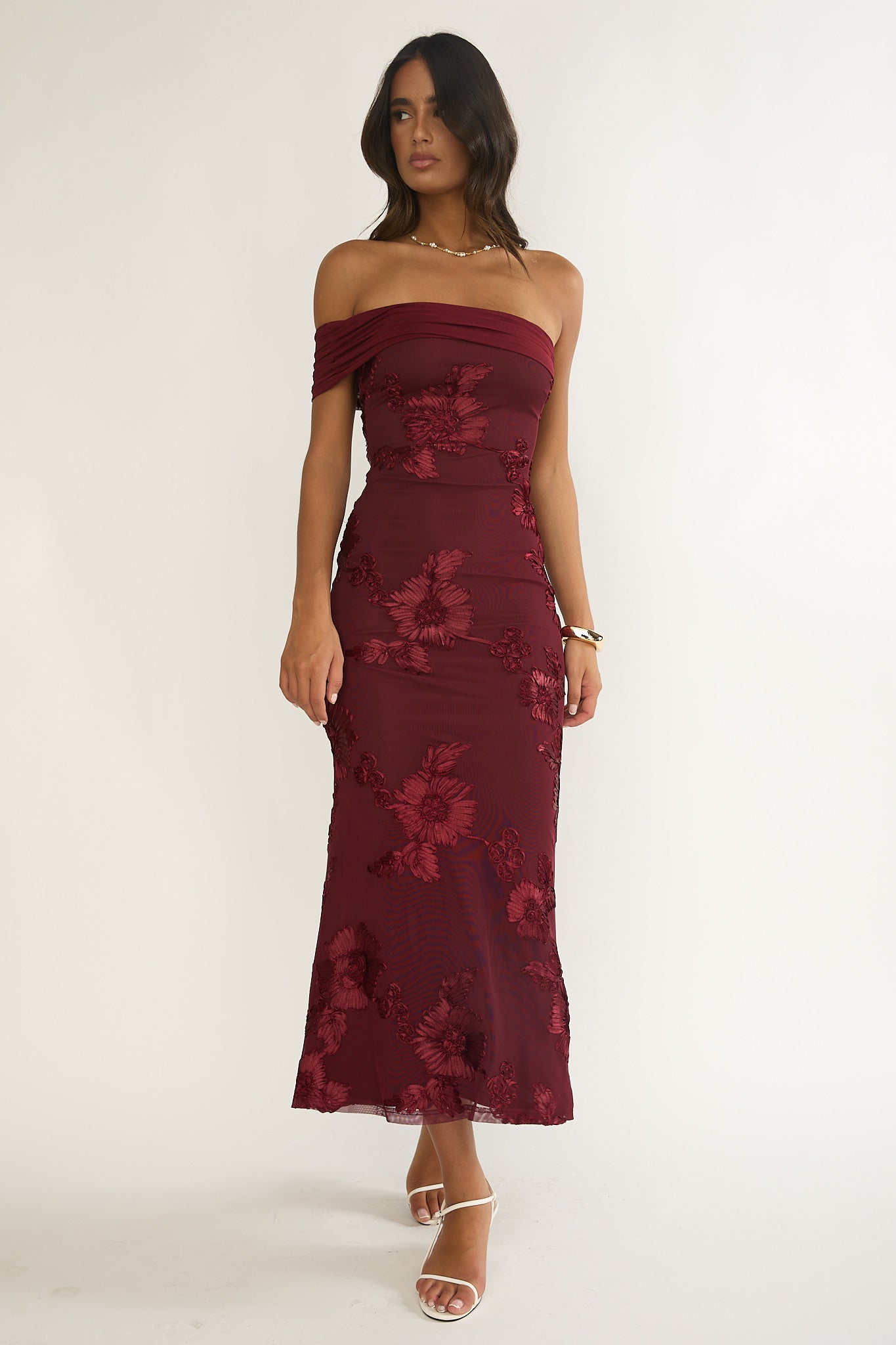 Gala One-Shoulder Maxi Dress Embellished Wine-Maymioy