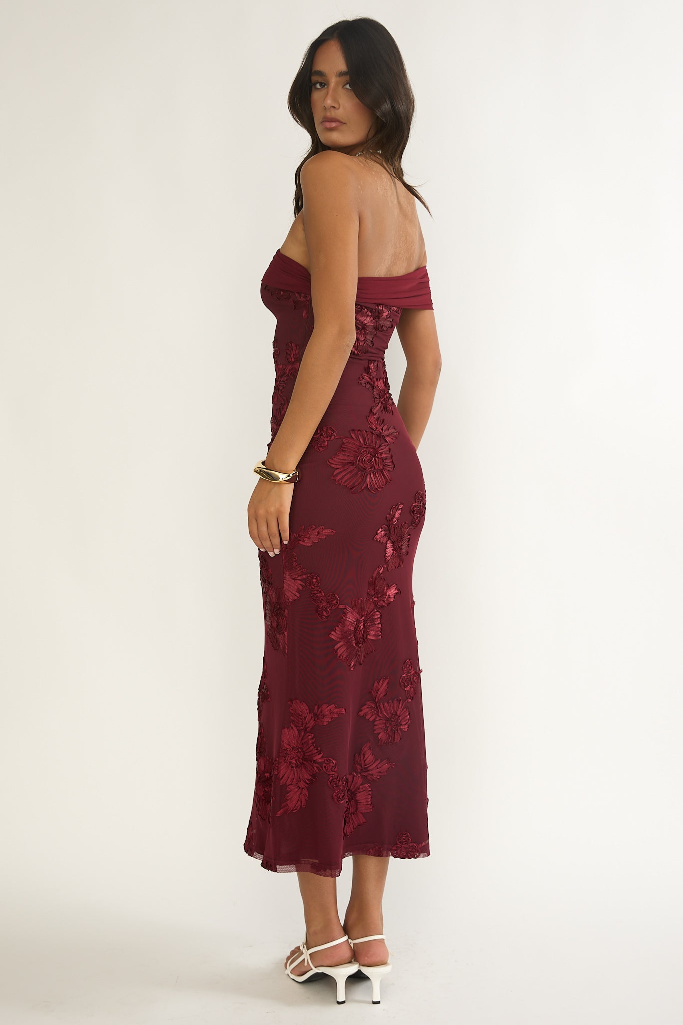 Gala One-Shoulder Maxi Dress Embellished Wine-Maymioy