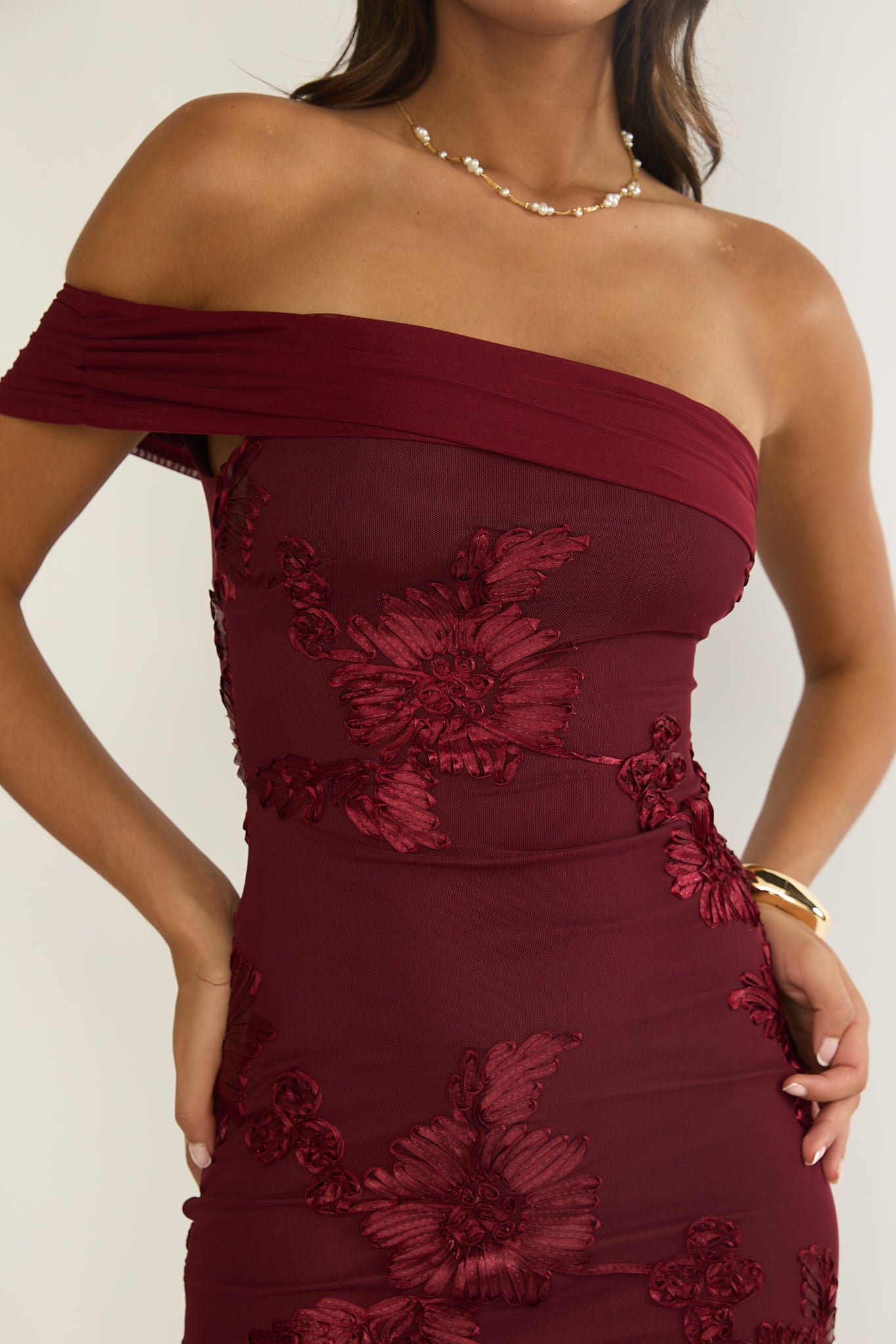 Gala One-Shoulder Maxi Dress Embellished Wine-Maymioy