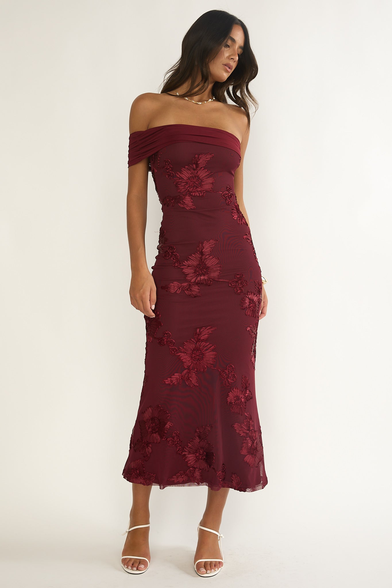 Gala One-Shoulder Maxi Dress Embellished Wine-Maymioy