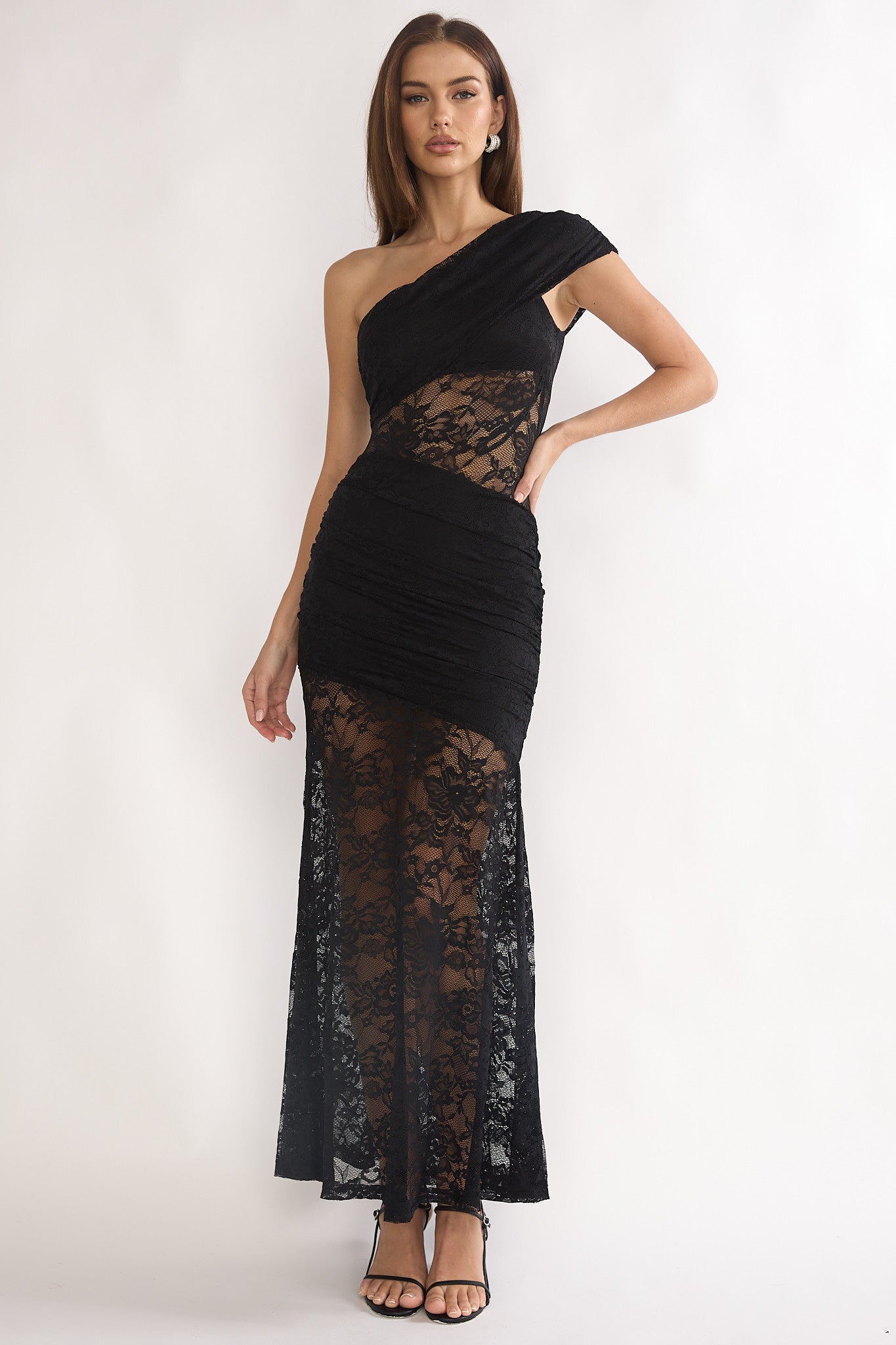Gala One-Shoulder Maxi Dress Lace Black-Maymioy