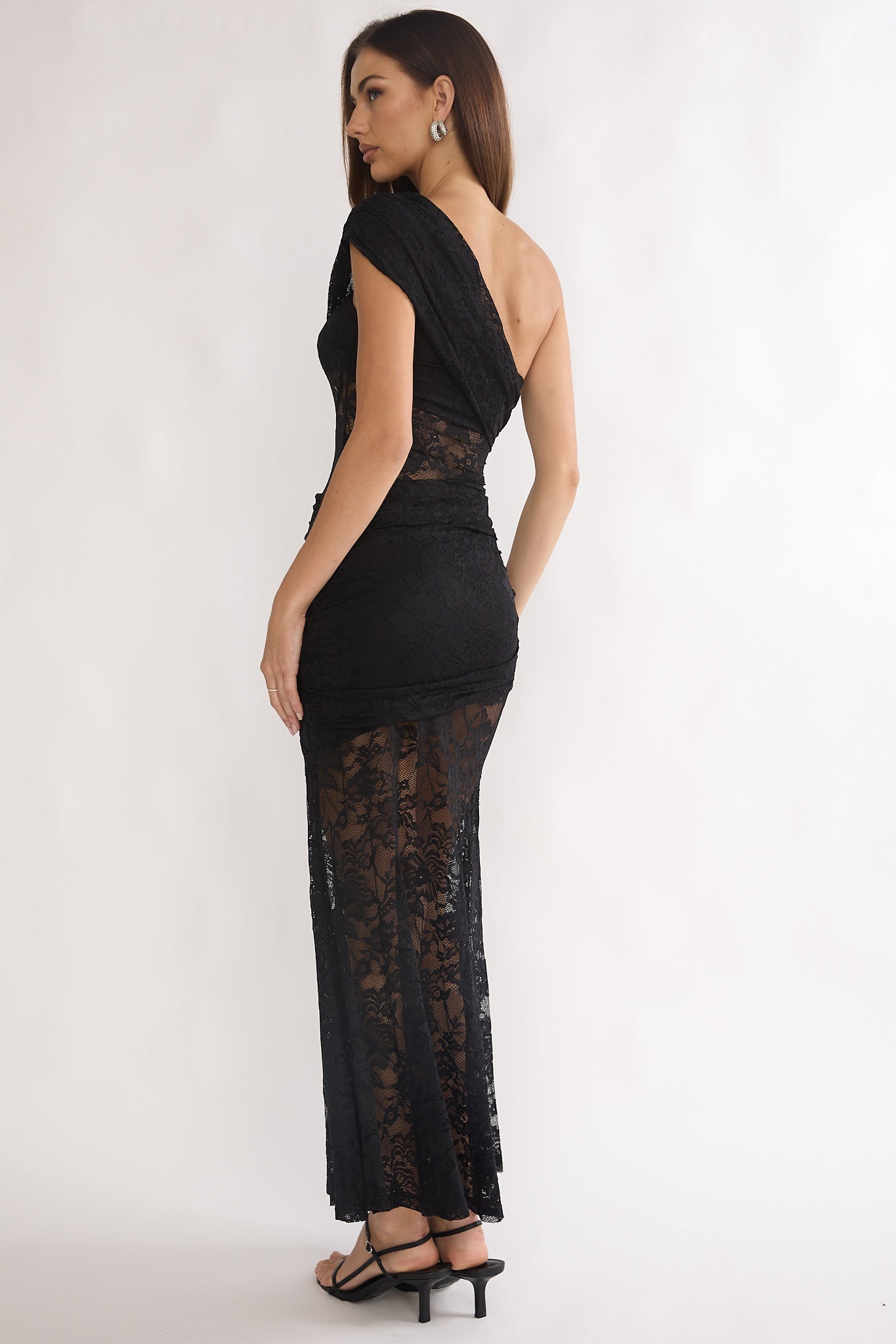 Gala One-Shoulder Maxi Dress Lace Black-Maymioy