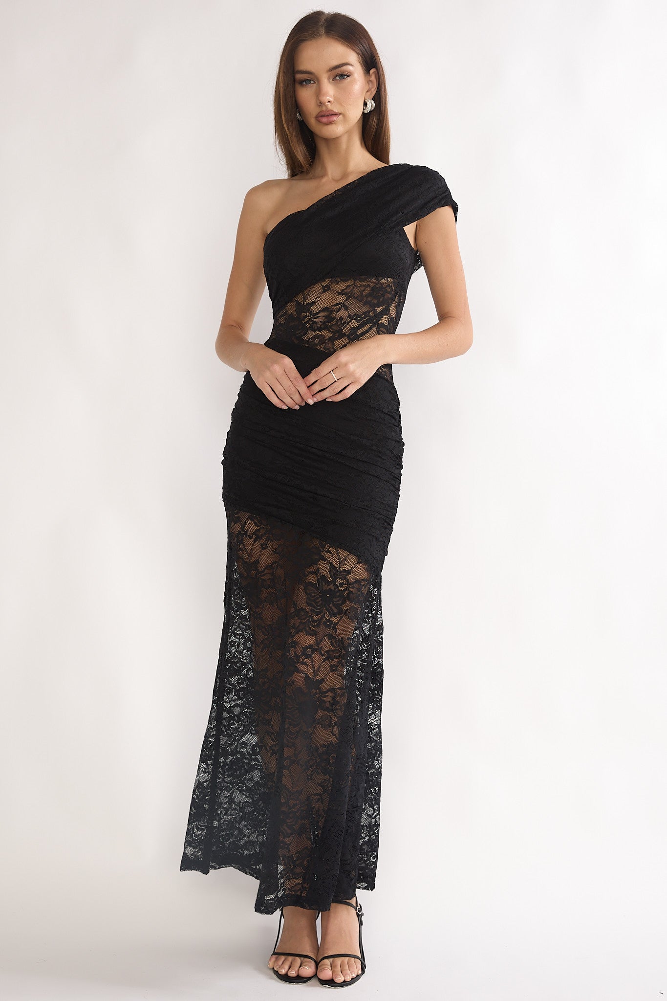 Gala One-Shoulder Maxi Dress Lace Black-Maymioy