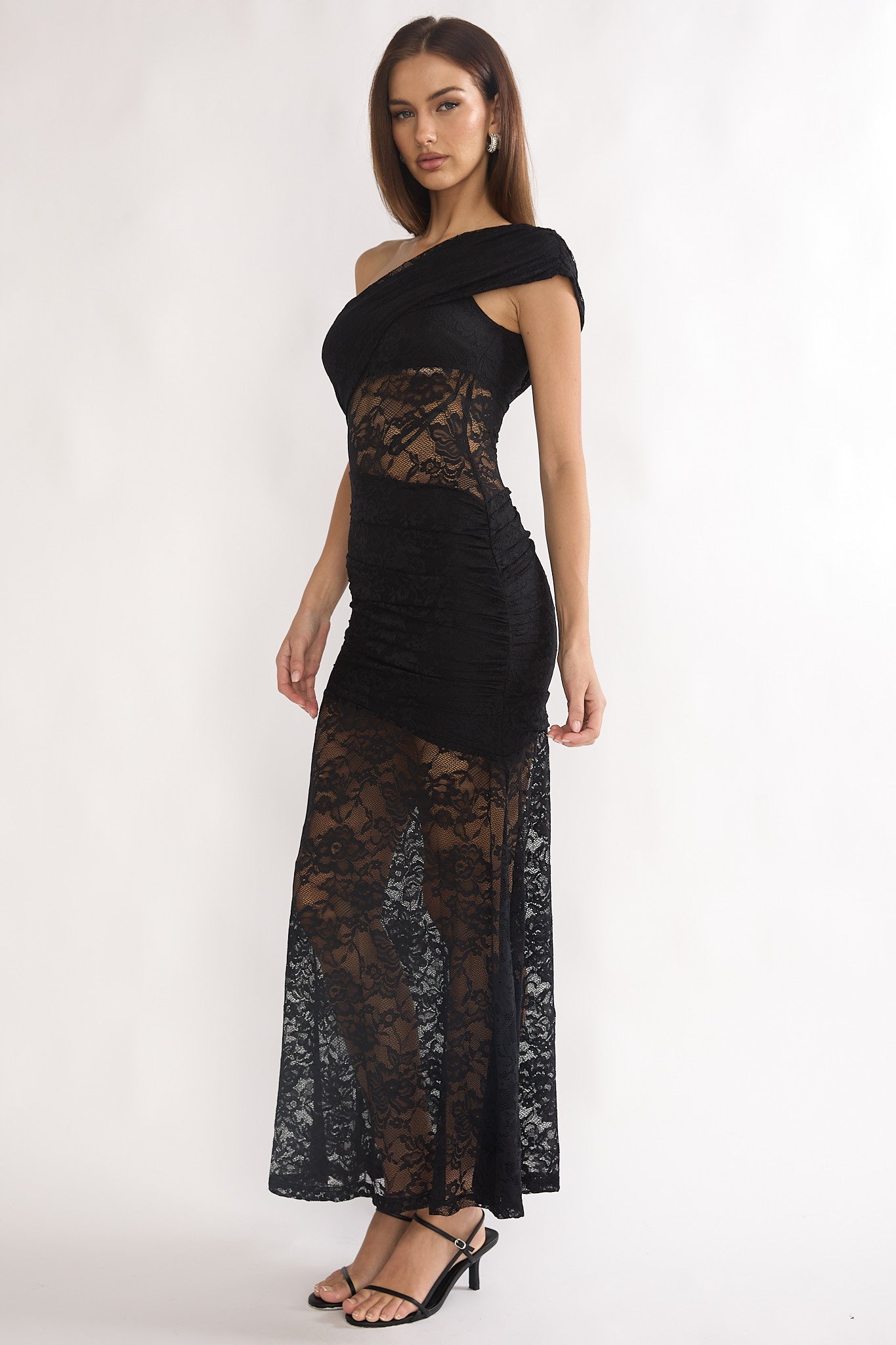 Gala One-Shoulder Maxi Dress Lace Black-Maymioy