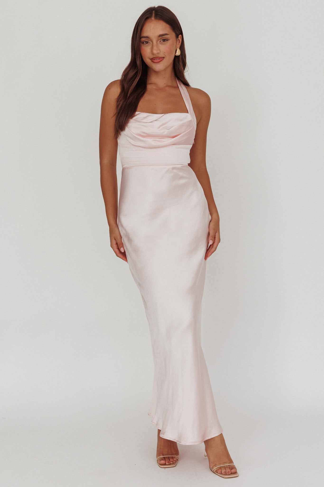 Fair Play Gathered Bust Halter Maxi Dress Pink-Maymioy
