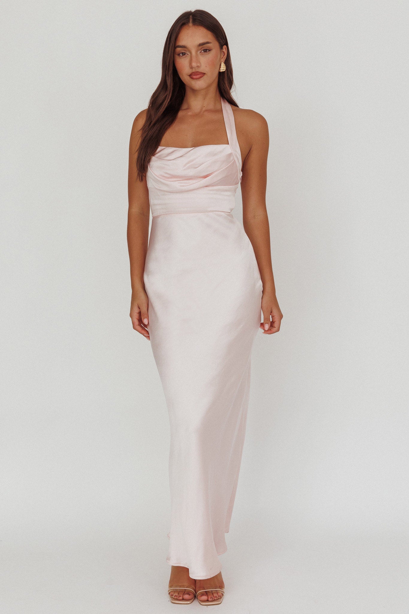 Fair Play Gathered Bust Halter Maxi Dress Pink-Maymioy