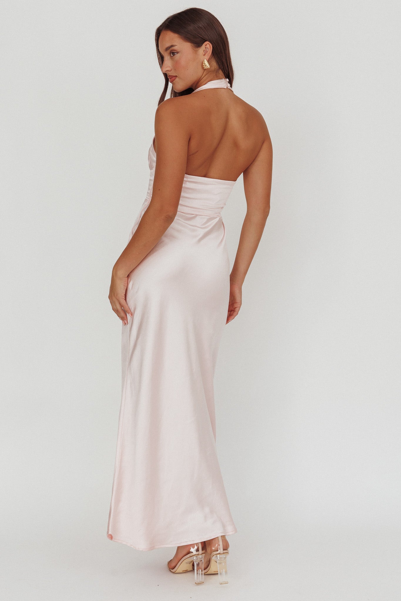 Fair Play Gathered Bust Halter Maxi Dress Pink-Maymioy
