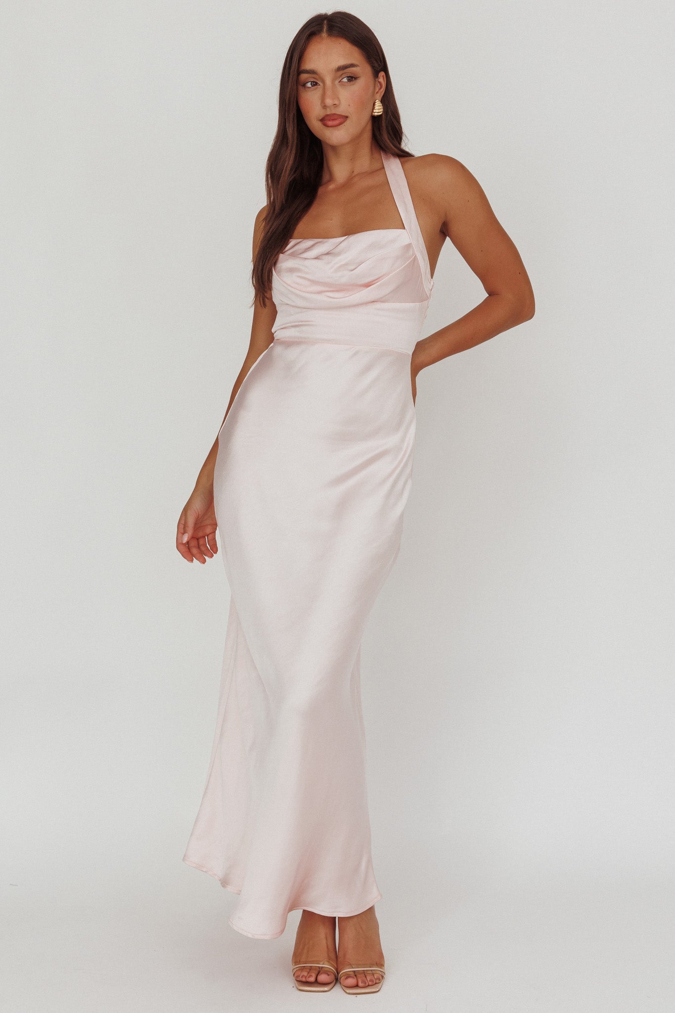 Fair Play Gathered Bust Halter Maxi Dress Pink-Maymioy