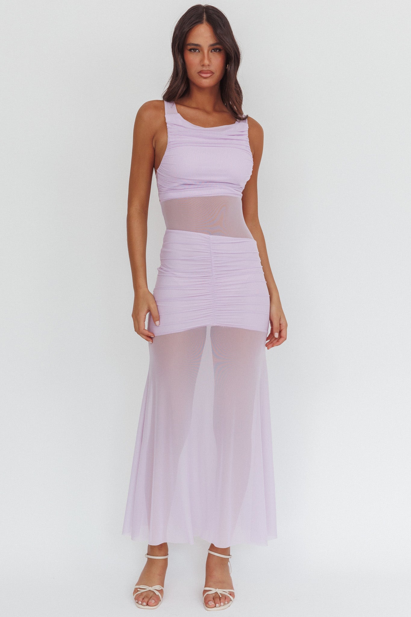 Sade Sheer Panel Ruched Maxi Dress Lilac-Maymioy
